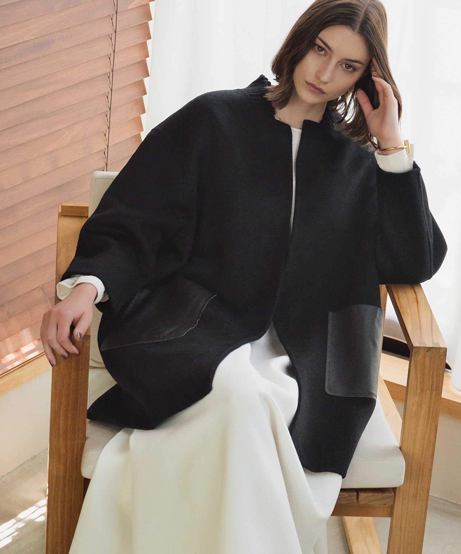 エルフランク ELFRANK 【ウール70％】レザーポケット ドロップショルダー ミドル丈 コート ウールコート（ブラック） ブラック