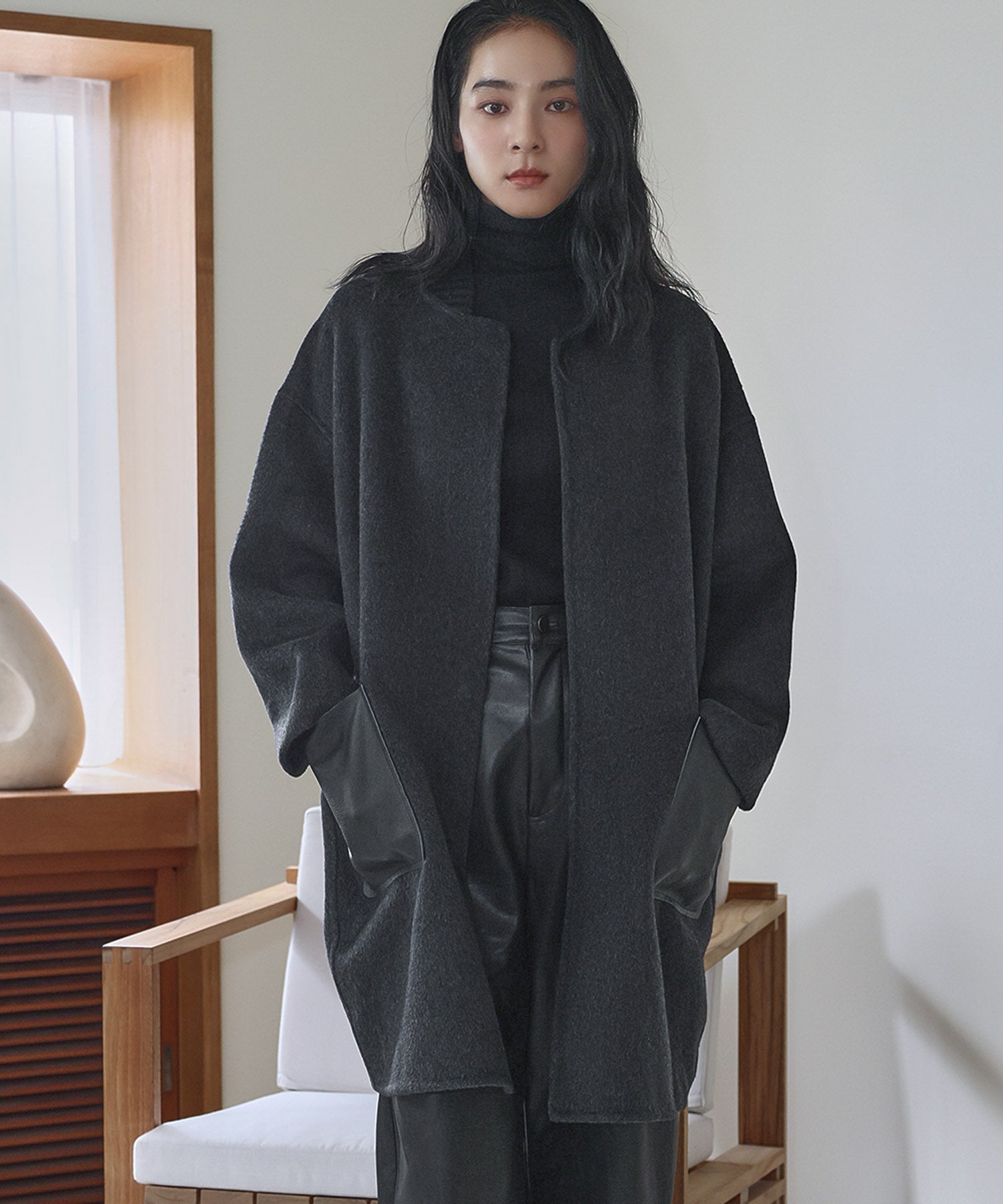 エルフランク ELFRANK 【ウール70％】レザーポケット ドロップショルダー ミドル丈 コート ウールコート（グレー） チャコールグレー