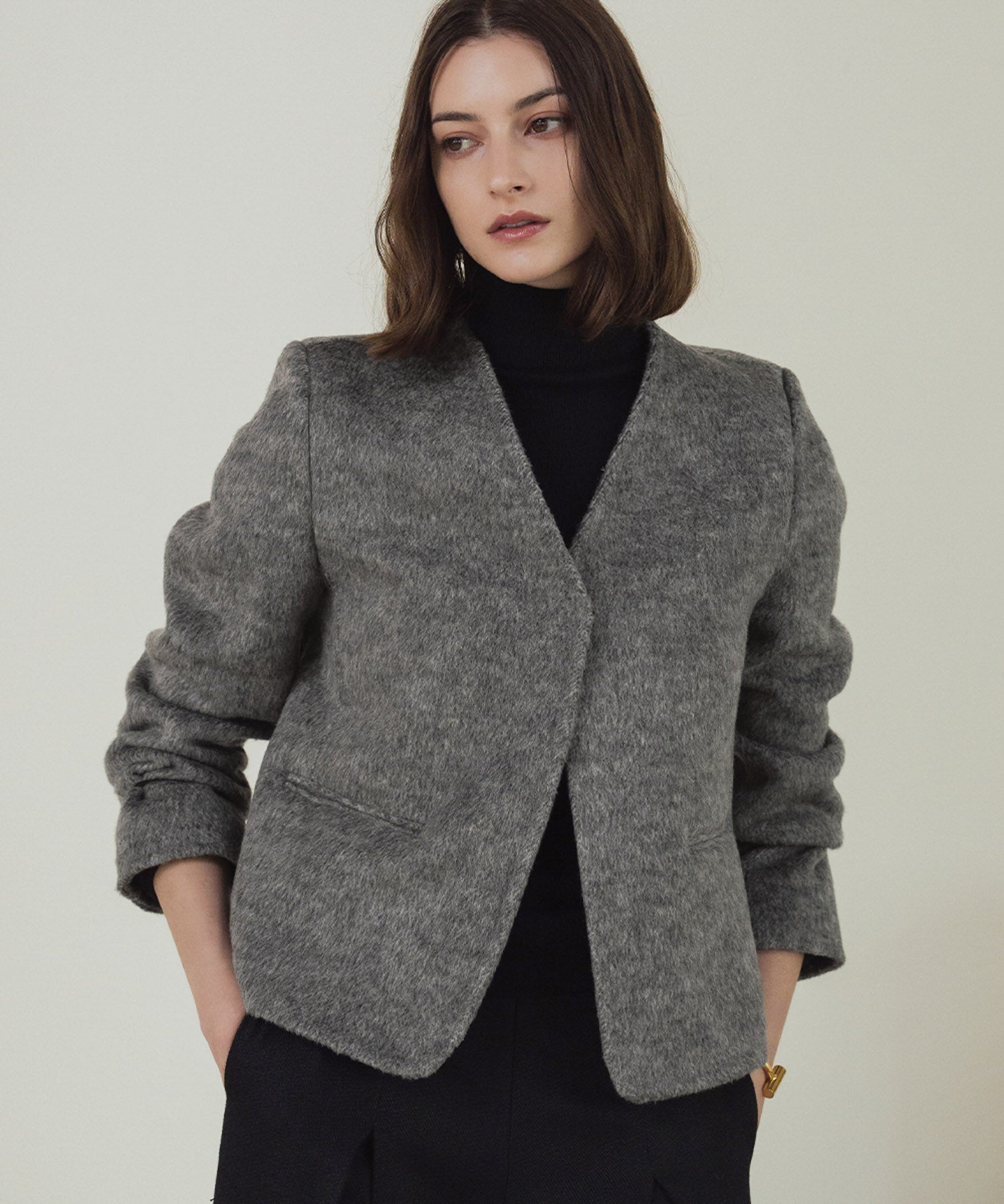 エルフランク ELFRANK 【ウール70％】ロングベスト付き ノーカラー ジャケットコート （グレー） グレー