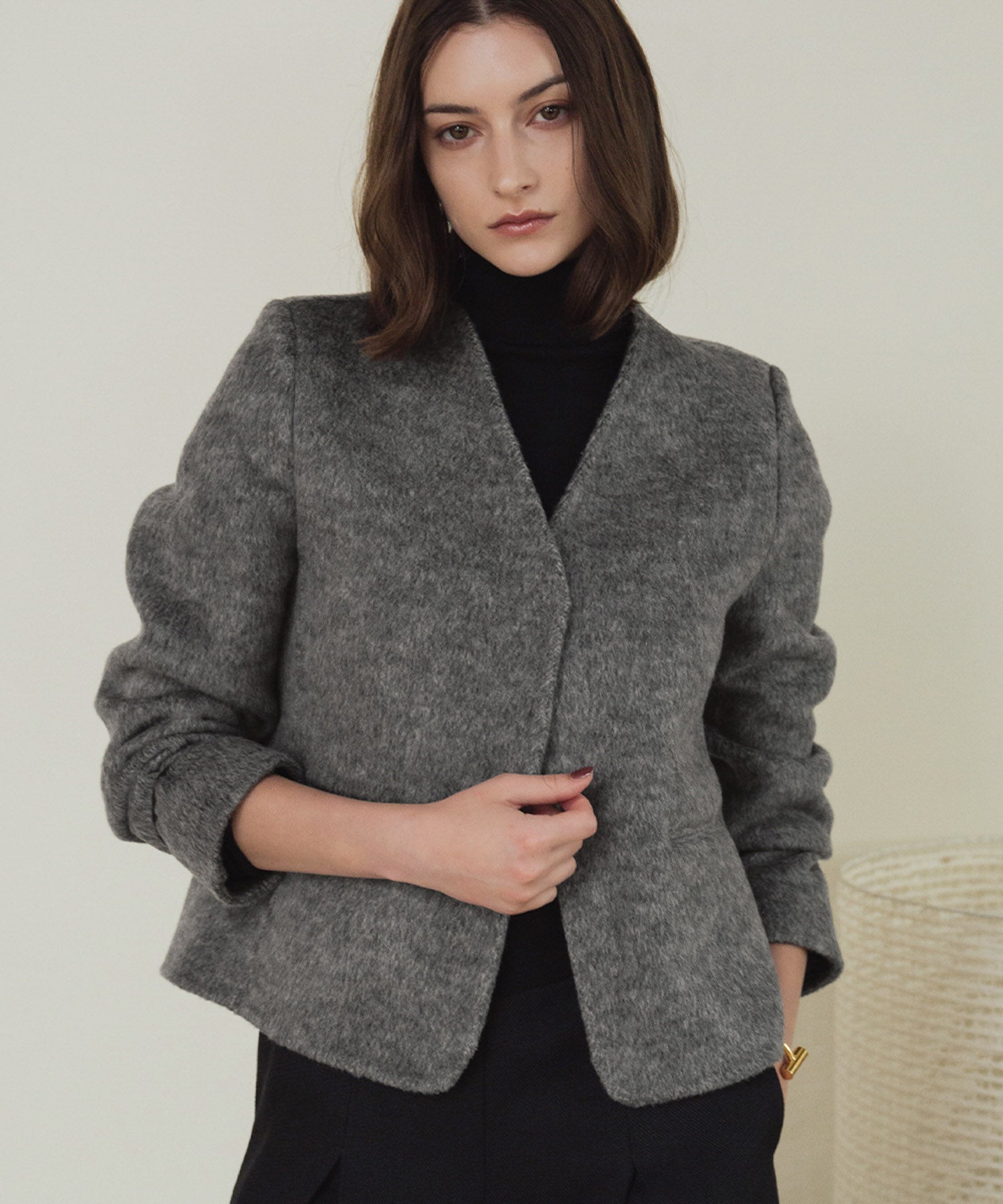 エルフランク ELFRANK 【ウール70％】ロングベスト付き ノーカラー ジャケットコート （グレー） グレー