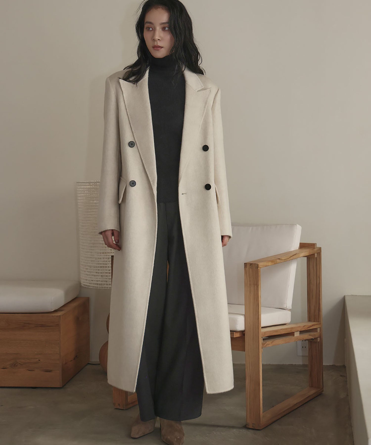 エルフランク ELFRANK 【ウール100％】ダブルブレスト ロング丈 チェスターコート （アイボリー） アイボリー