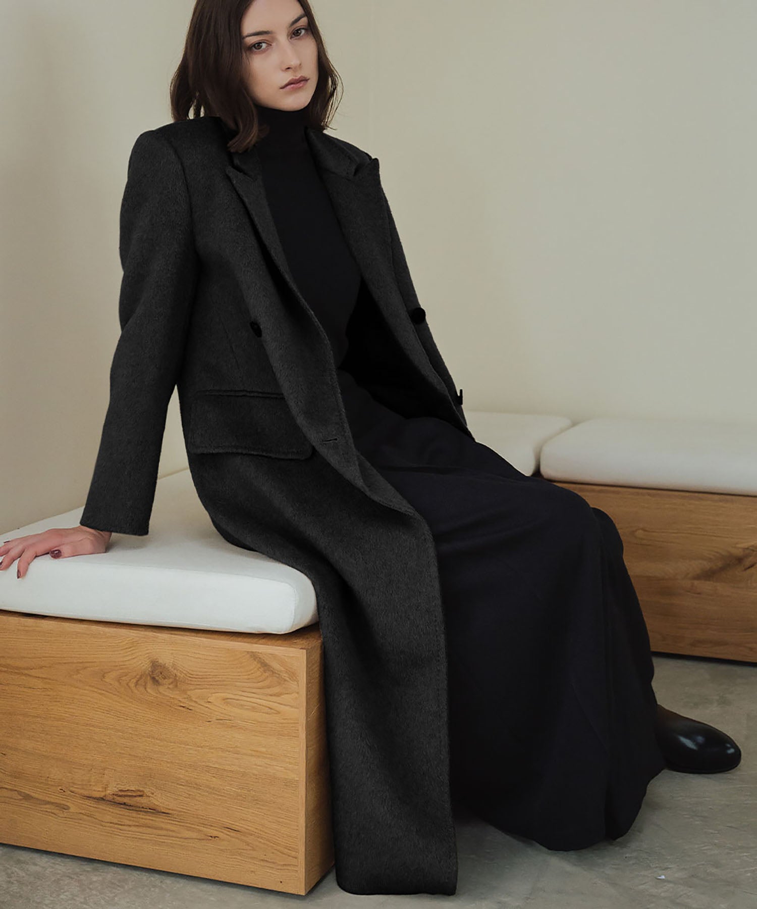 エルフランク ELFRANK 【ウール100％】ダブルブレスト ロング丈 チェスターコート （ブラック） ブラック