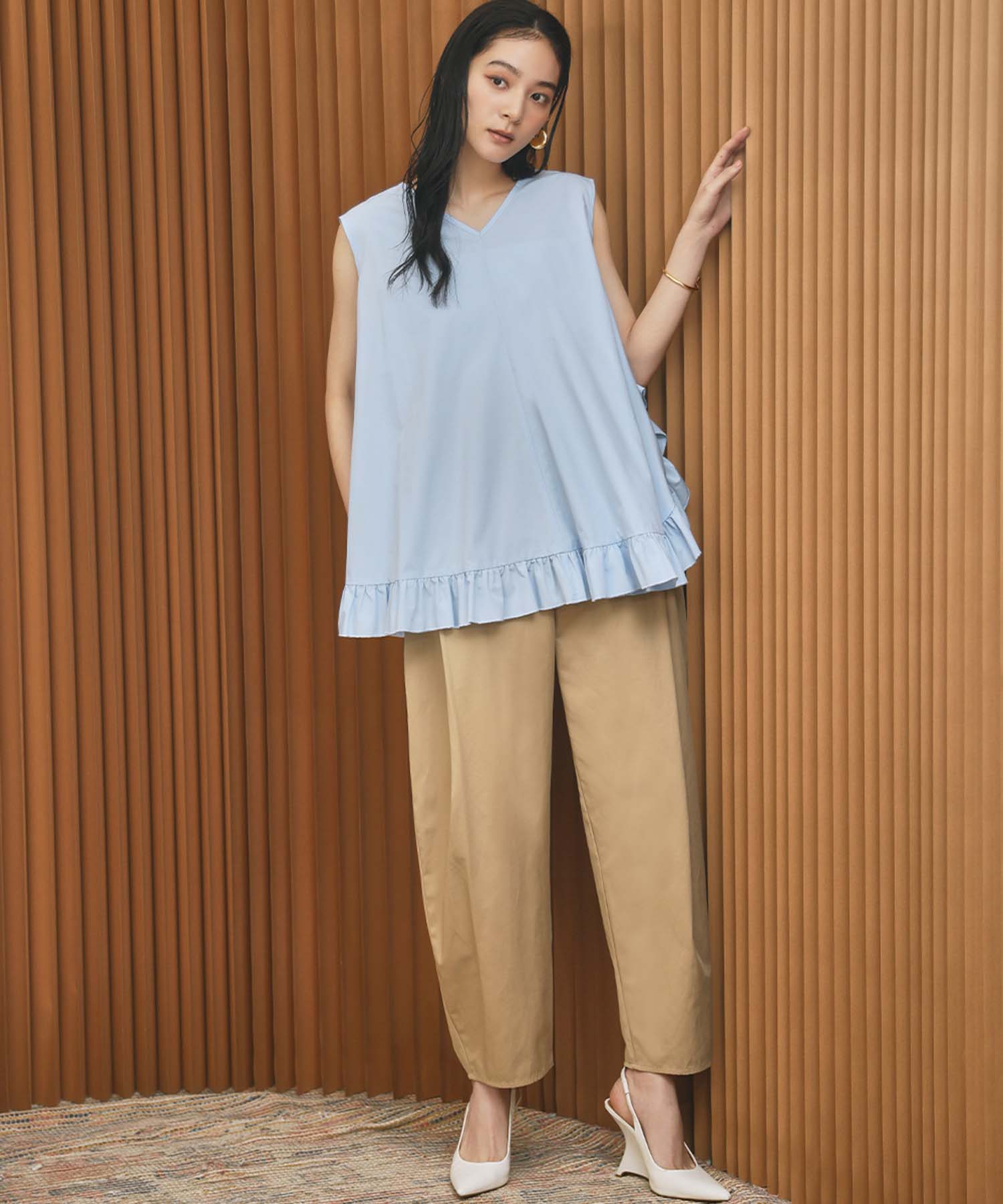 エルフランク ELFRANK 【2026SS】Aライン ノースリーブ フリルヘム チュニック ブラウス【洗える】 （ブルー） ブルー