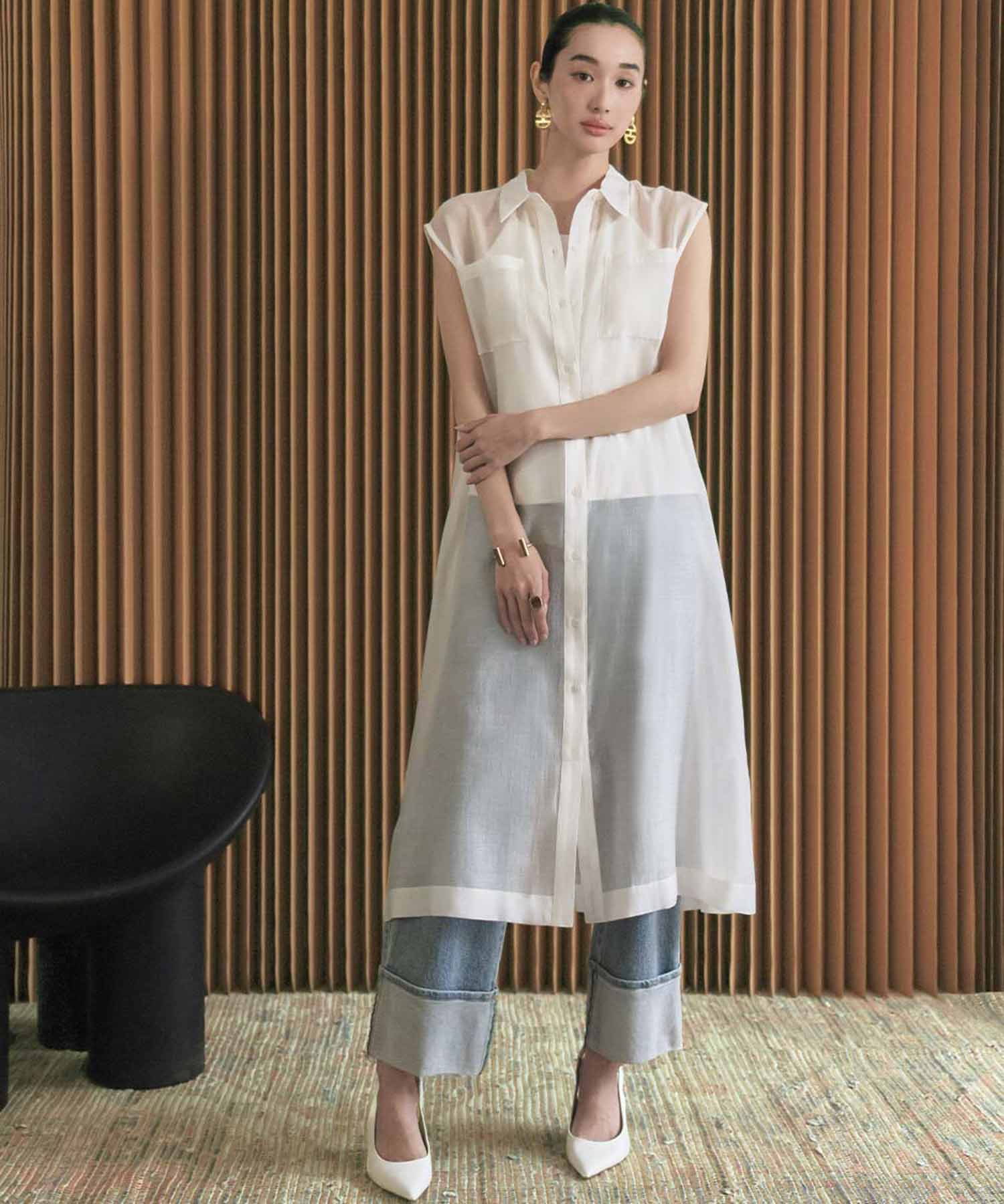 エルフランク ELFRANK 【2026SS】ノースリーブ シアー シャツ ロング ワンピース【洗える】 （オフホワイト） オフホワイト