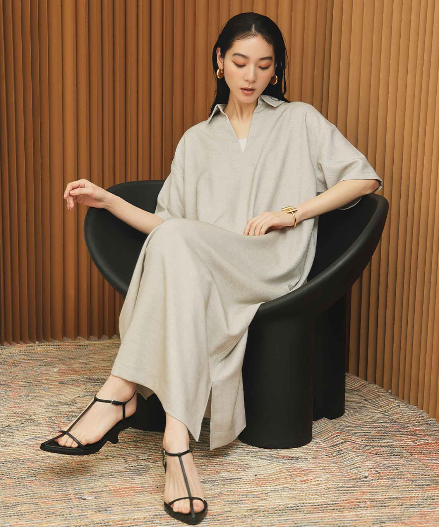 エルフランク ELFRANK スキッパーネックAライン半袖ロングシャツワンピース【洗える】 （グレージュ） グレージュ