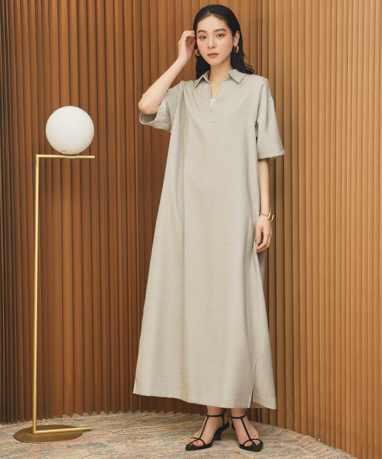 エルフランク ELFRANK スキッパーネックAライン半袖ロングシャツワンピース【洗える】 （グレージュ） グレージュ
