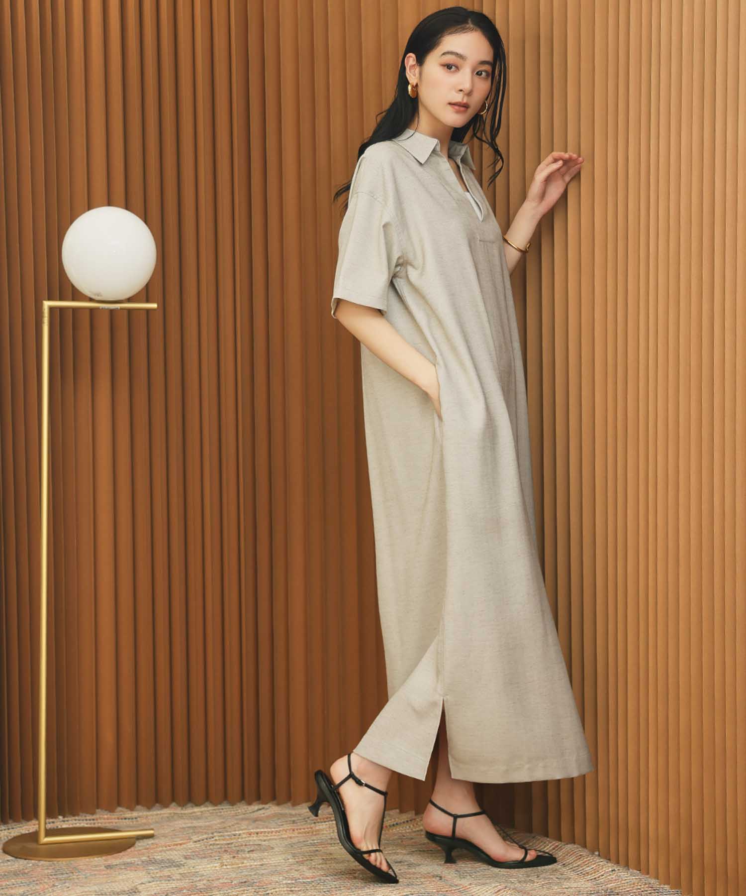エルフランク ELFRANK スキッパーネックAライン半袖ロングシャツワンピース【洗える】 （グレージュ） グレージュ