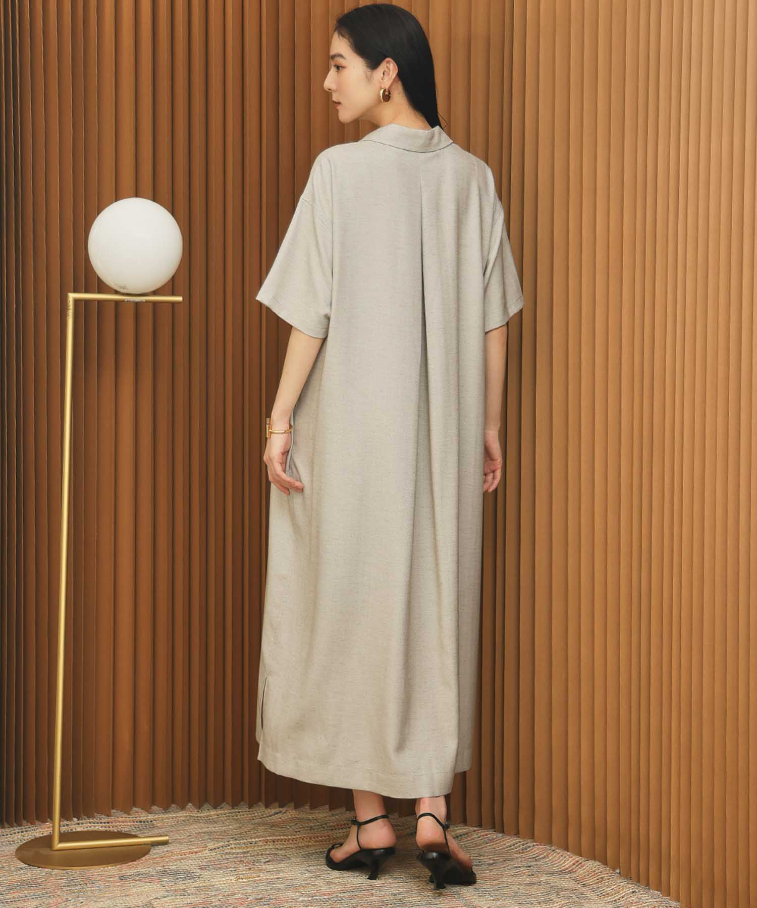 エルフランク ELFRANK スキッパーネックAライン半袖ロングシャツワンピース【洗える】 （グレージュ） グレージュ