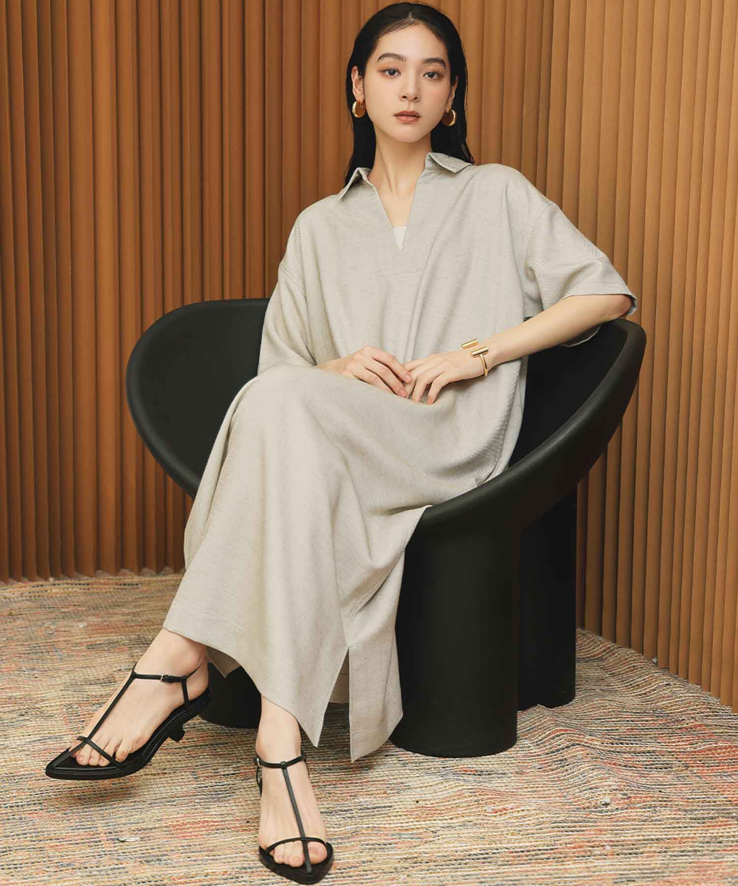 エルフランク ELFRANK スキッパーネックAライン半袖ロングシャツワンピース【洗える】 （グレージュ） グレージュ