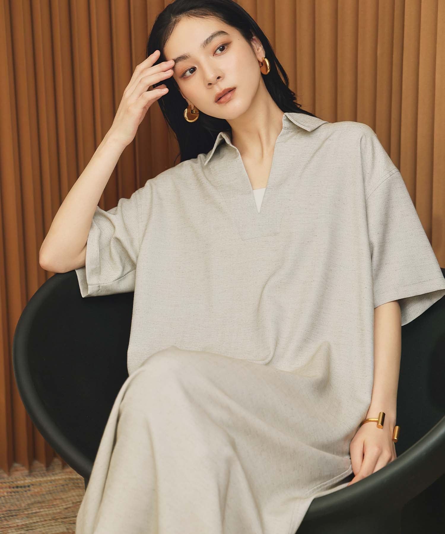 エルフランク ELFRANK スキッパーネックAライン半袖ロングシャツワンピース【洗える】 （グレージュ） グレージュ