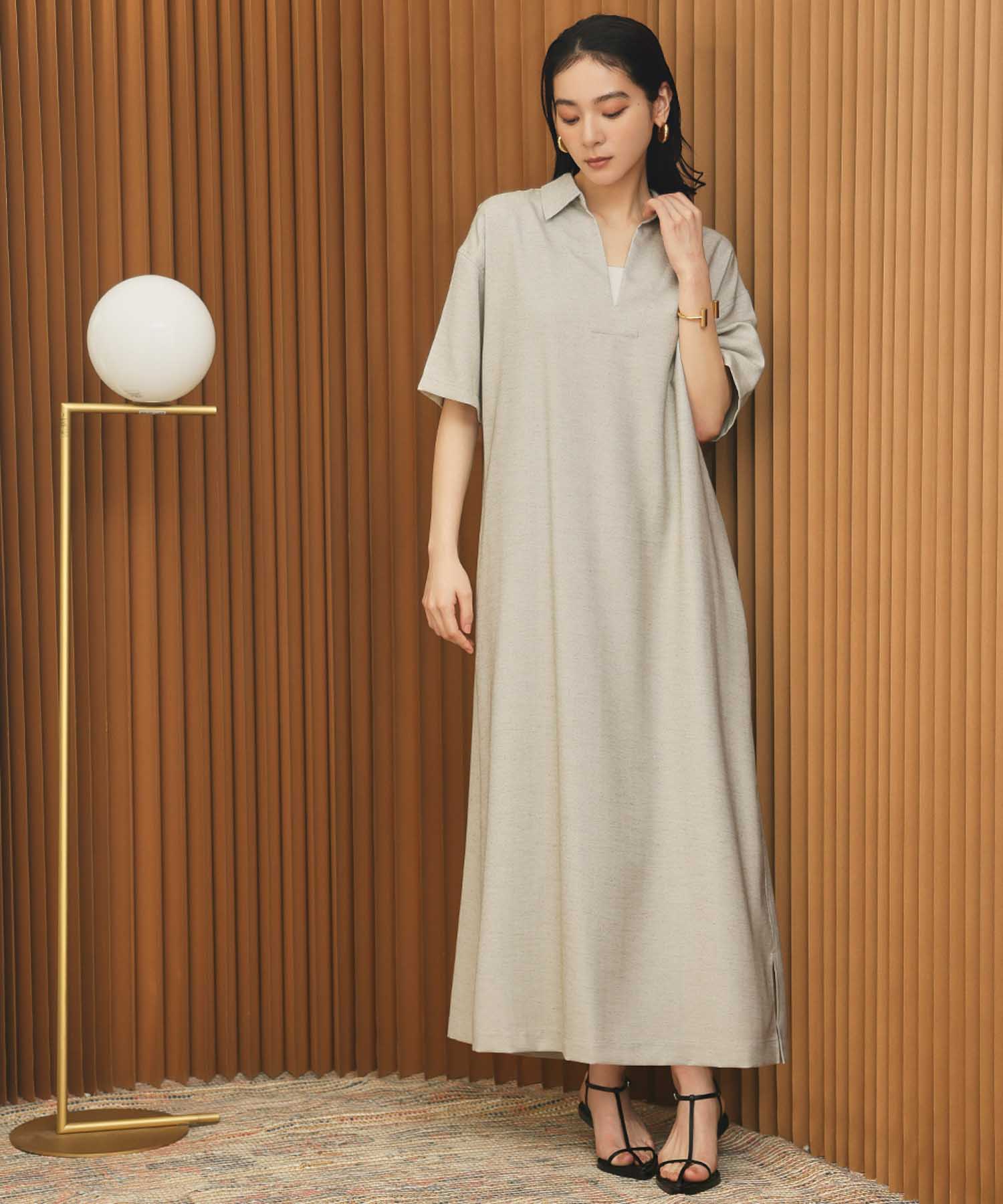 エルフランク ELFRANK スキッパーネックAライン半袖ロングシャツワンピース【洗える】 （グレージュ） グレージュ