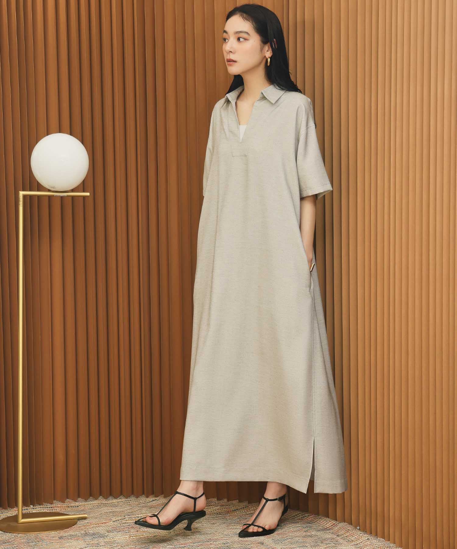 エルフランク ELFRANK スキッパーネックAライン半袖ロングシャツワンピース【洗える】 （グレージュ） グレージュ