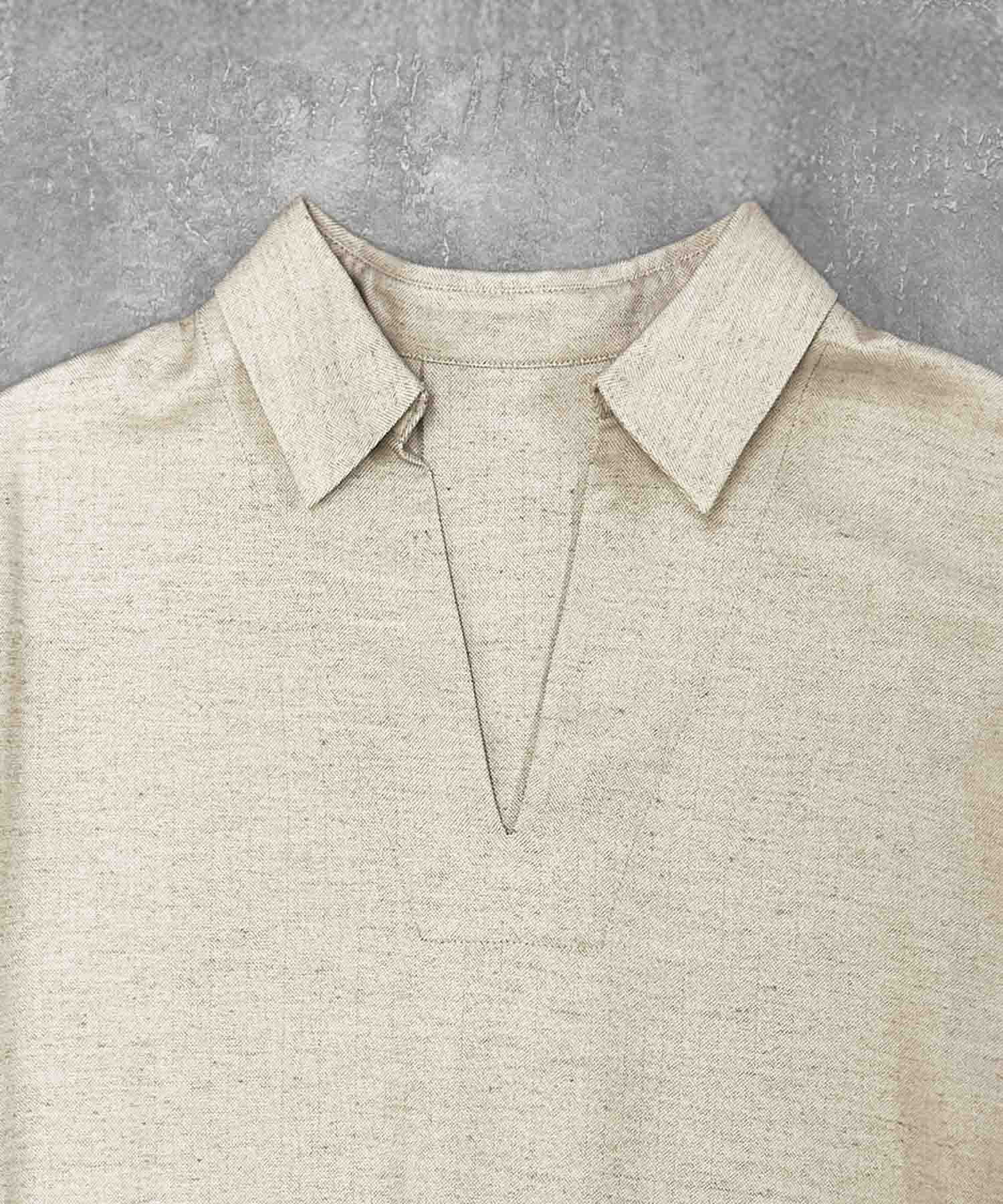 エルフランク ELFRANK スキッパーネックAライン半袖ロングシャツワンピース【洗える】 （グレージュ） グレージュ