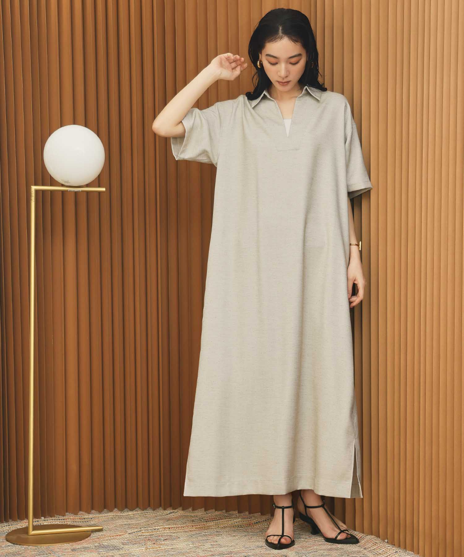 エルフランク ELFRANK スキッパーネックAライン半袖ロングシャツワンピース【洗える】 （グレージュ） グレージュ