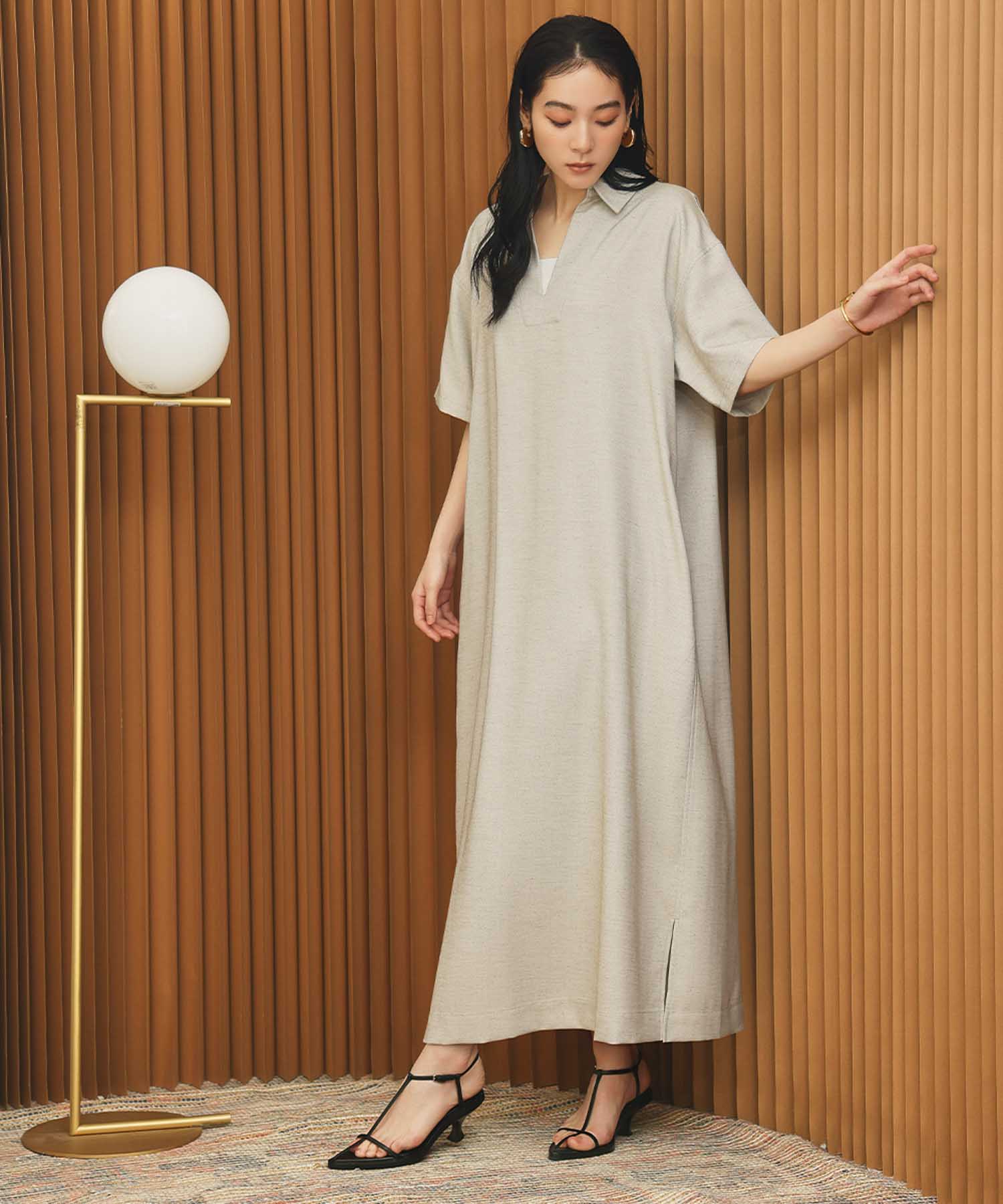 エルフランク ELFRANK スキッパーネックAライン半袖ロングシャツワンピース【洗える】 （グレージュ） グレージュ