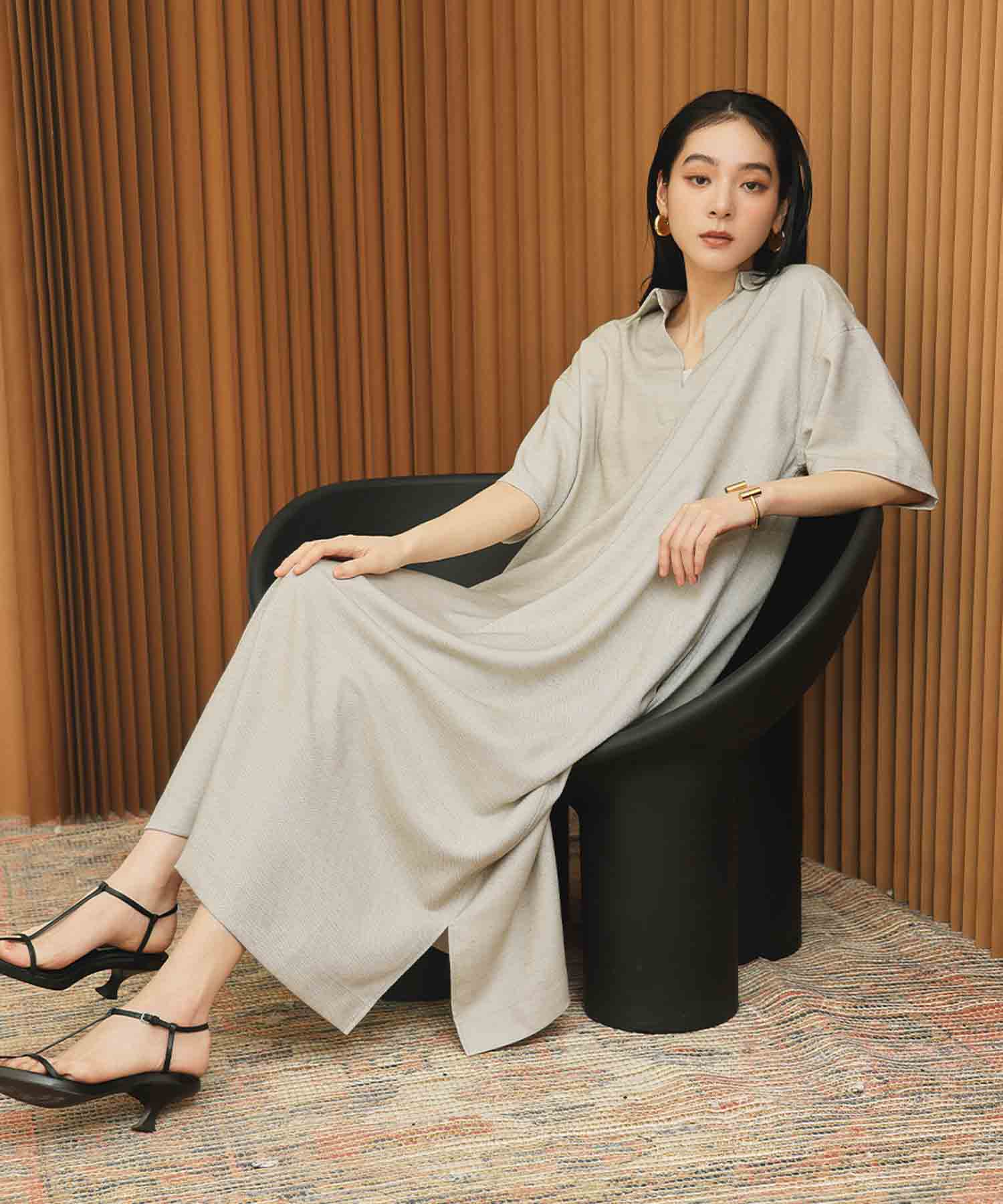 エルフランク ELFRANK スキッパーネックAライン半袖ロングシャツワンピース【洗える】 （グレージュ） グレージュ