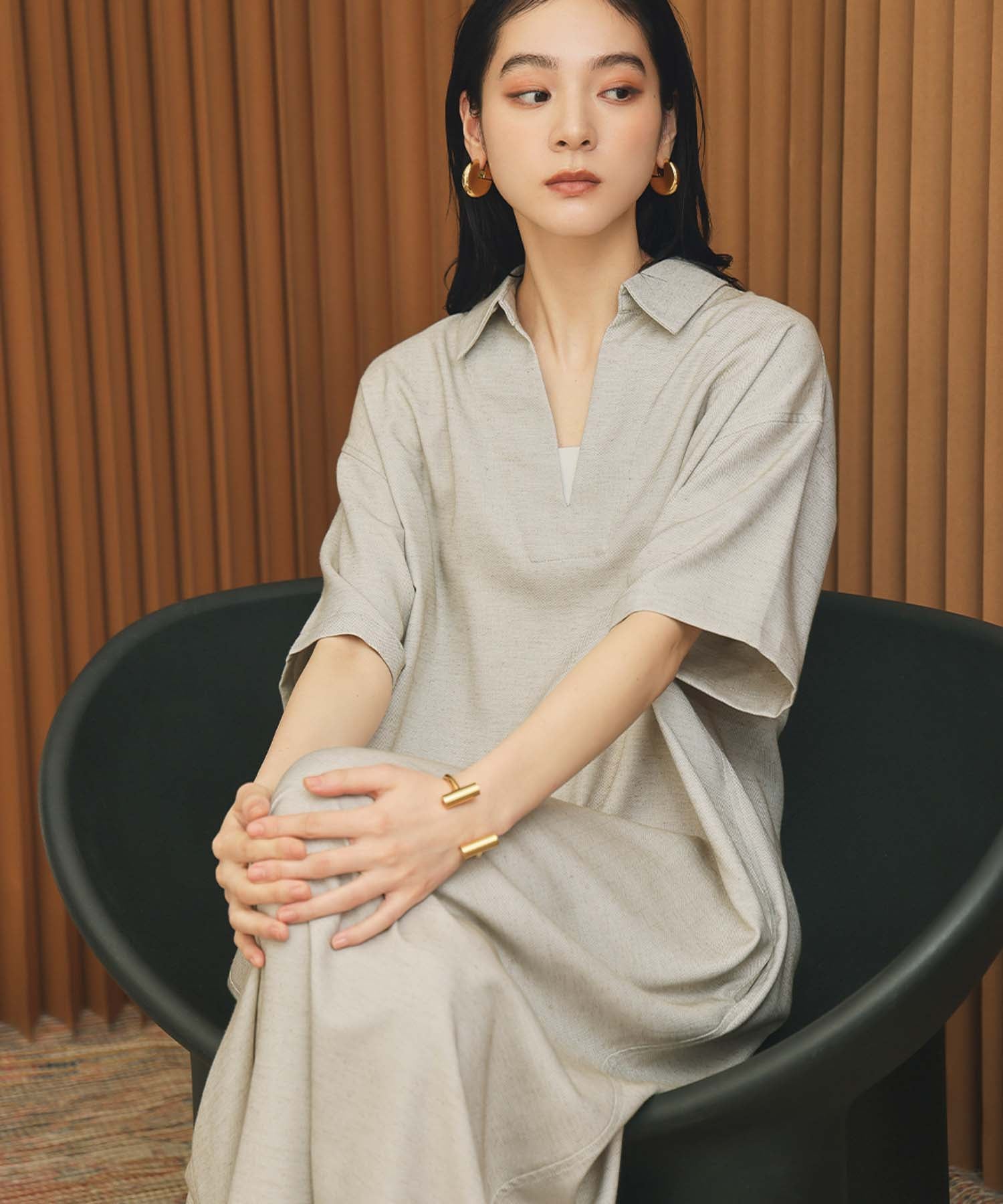 エルフランク ELFRANK スキッパーネックAライン半袖ロングシャツワンピース【洗える】 （グレージュ） グレージュ