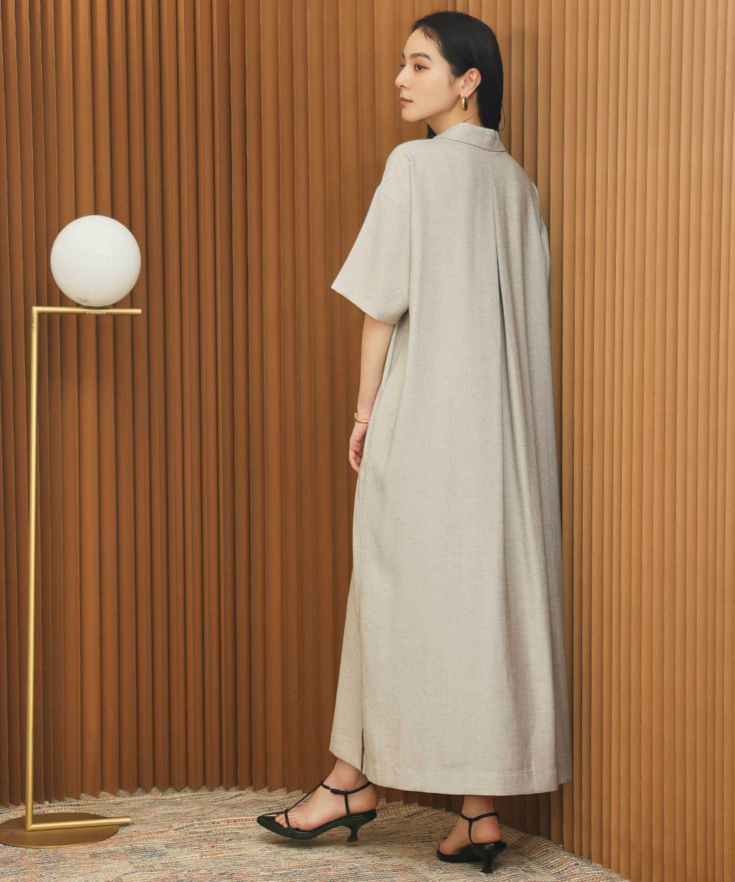 エルフランク ELFRANK スキッパーネックAライン半袖ロングシャツワンピース【洗える】 （グレージュ） グレージュ