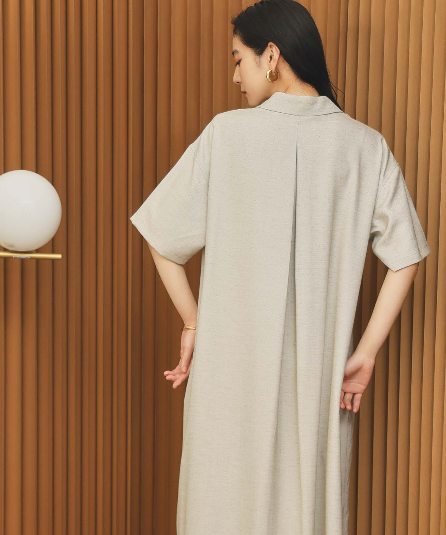 エルフランク ELFRANK スキッパーネックAライン半袖ロングシャツワンピース【洗える】 （グレージュ） グレージュ