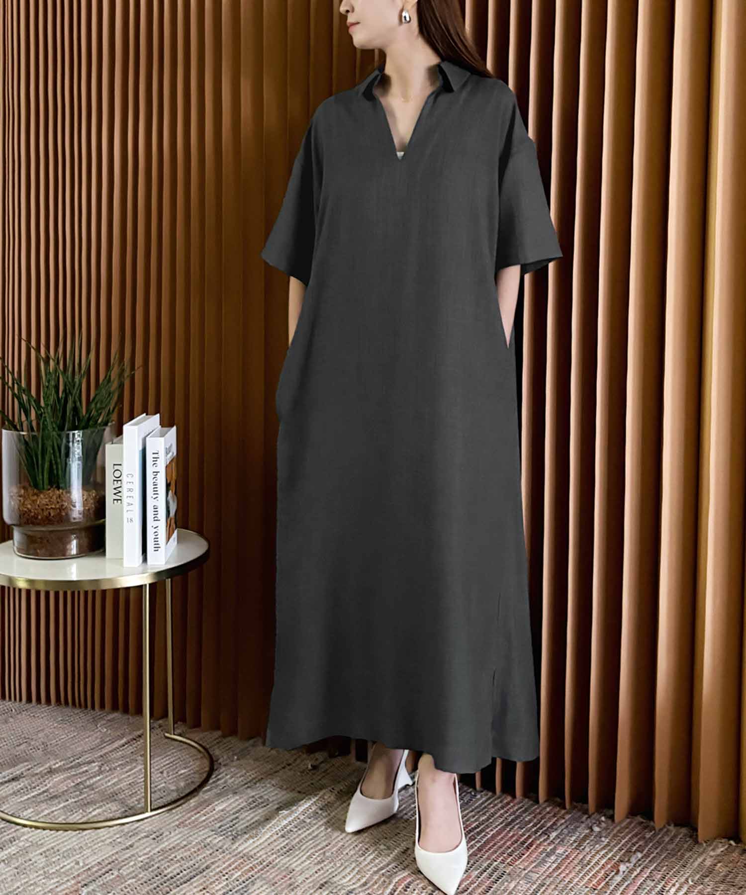 エルフランク ELFRANK スキッパーネックAライン半袖ロングシャツワンピース【洗える】 （チャコールグレー） チャコールグレー