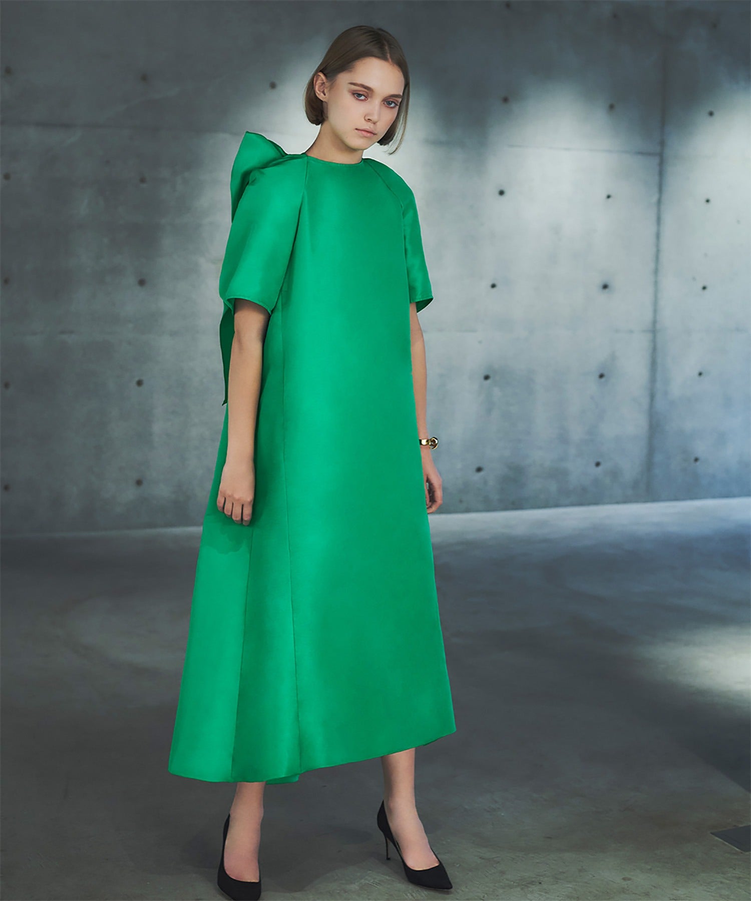 エルフランク ELFRANK バックビッグリボンAラインイレギュラーヘムロングワンピース （グリーン） グリーン