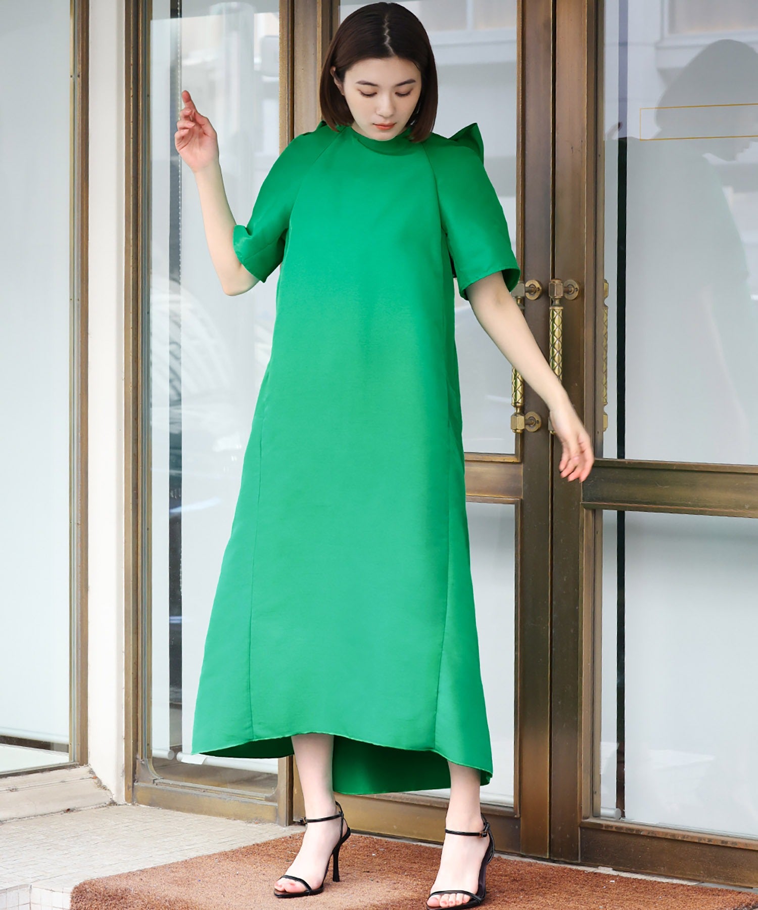 エルフランク ELFRANK バックビッグリボンAラインイレギュラーヘムロングワンピース （グリーン） グリーン