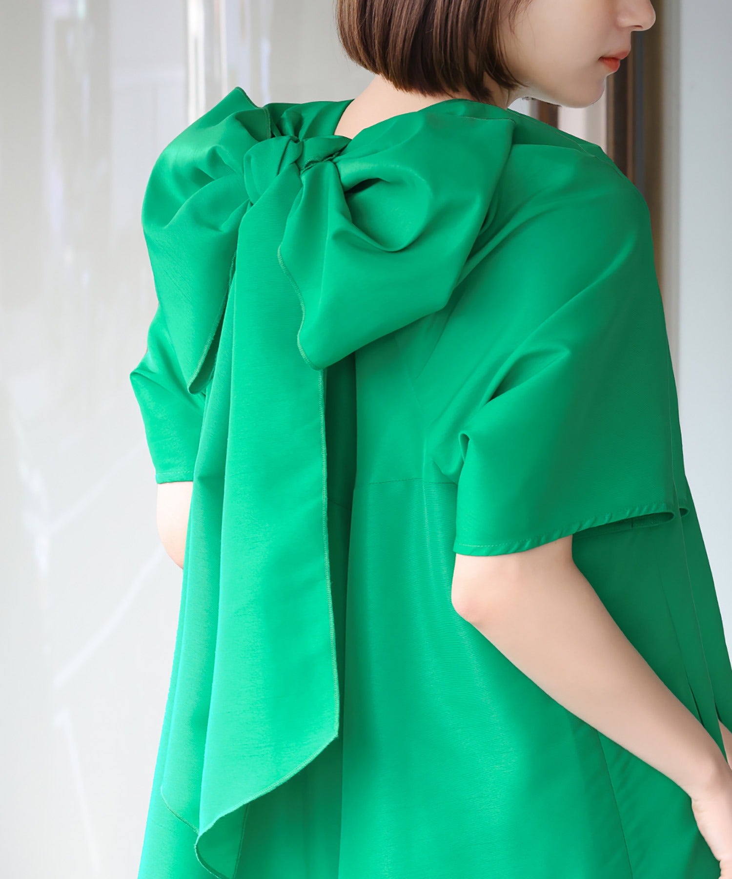 エルフランク ELFRANK バックビッグリボンAラインイレギュラーヘムロングワンピース （グリーン） グリーン