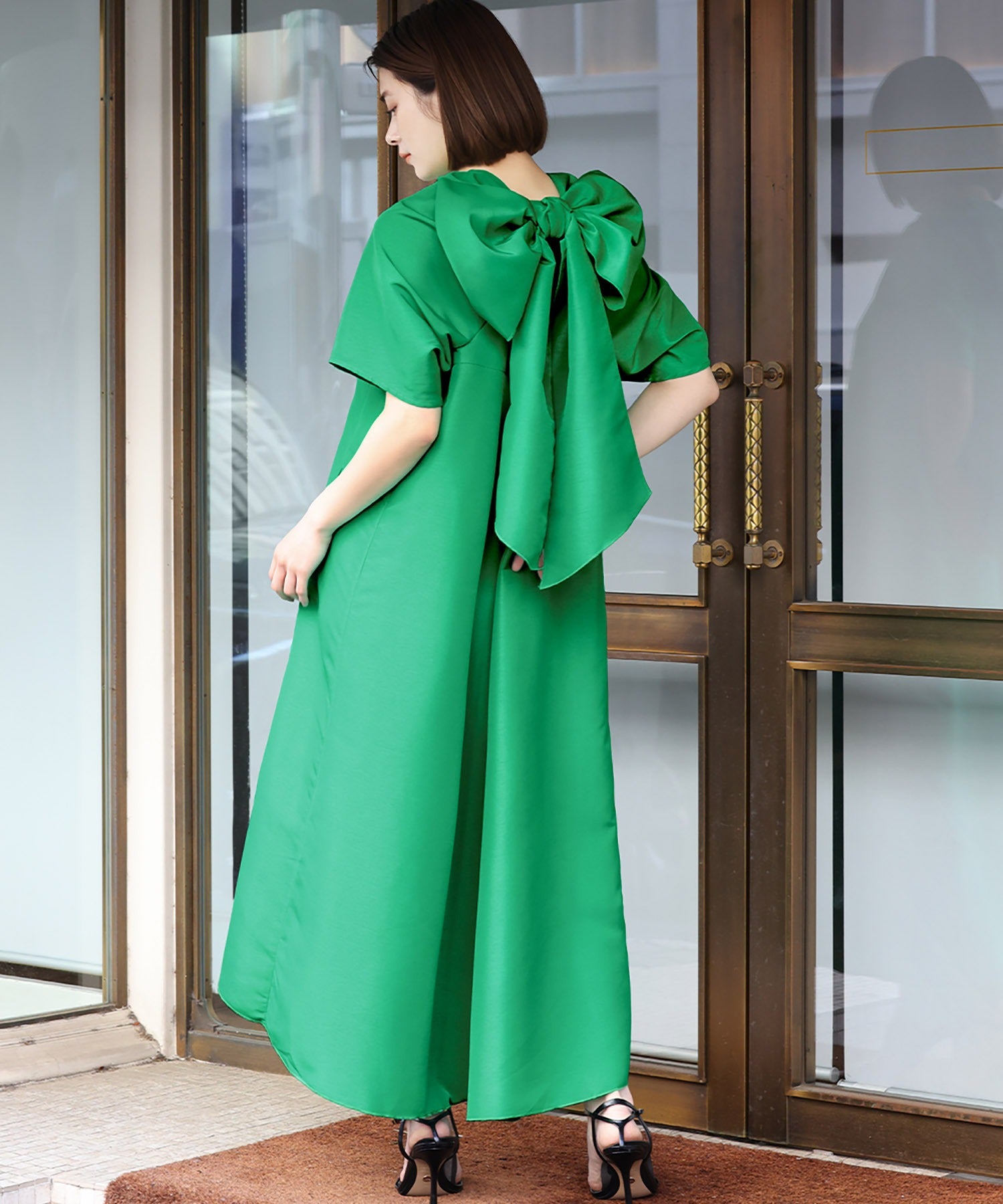 エルフランク ELFRANK バックビッグリボンAラインイレギュラーヘムロングワンピース （グリーン） グリーン