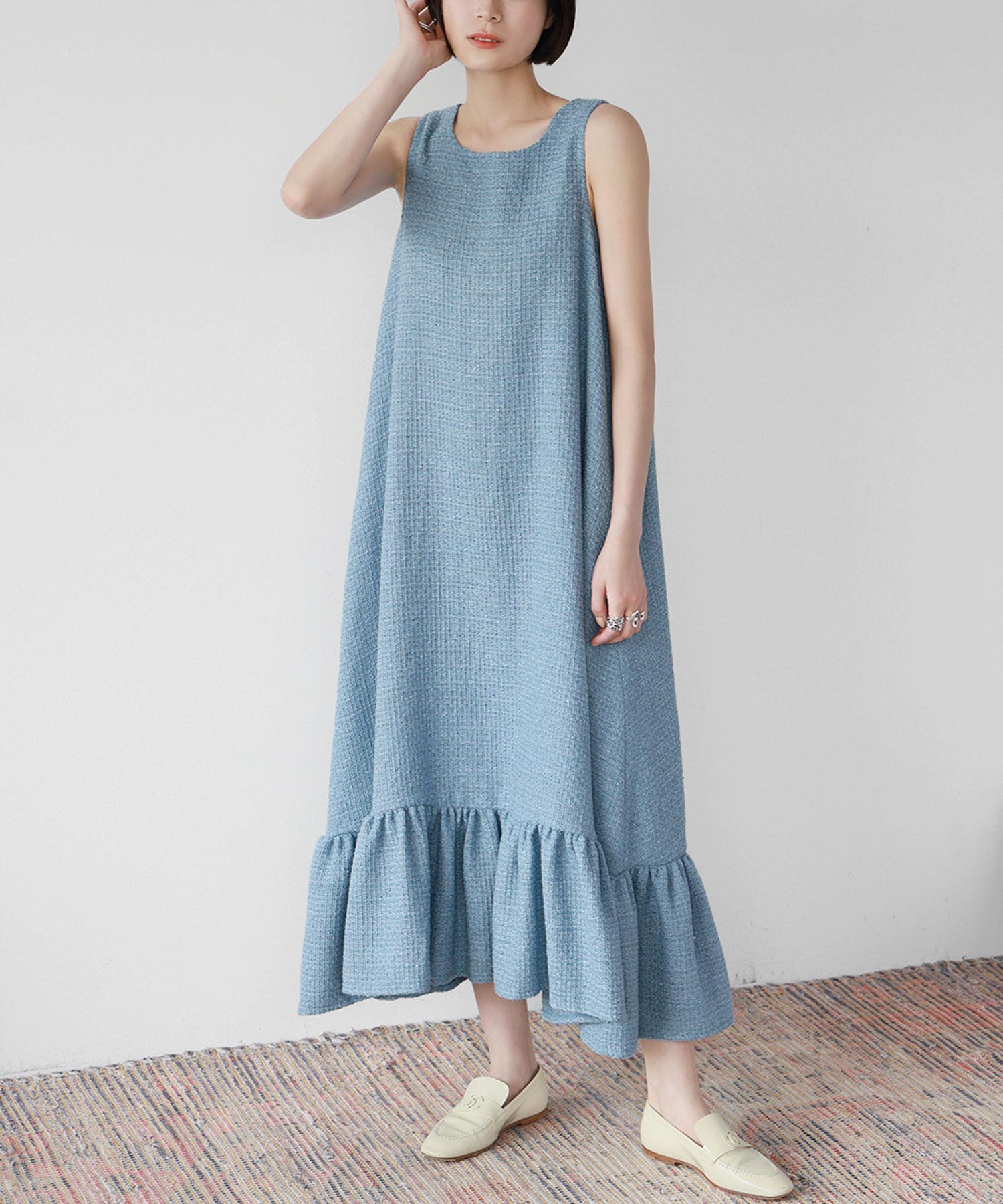 ELFRANK Tweed hem tiered A-line long dress