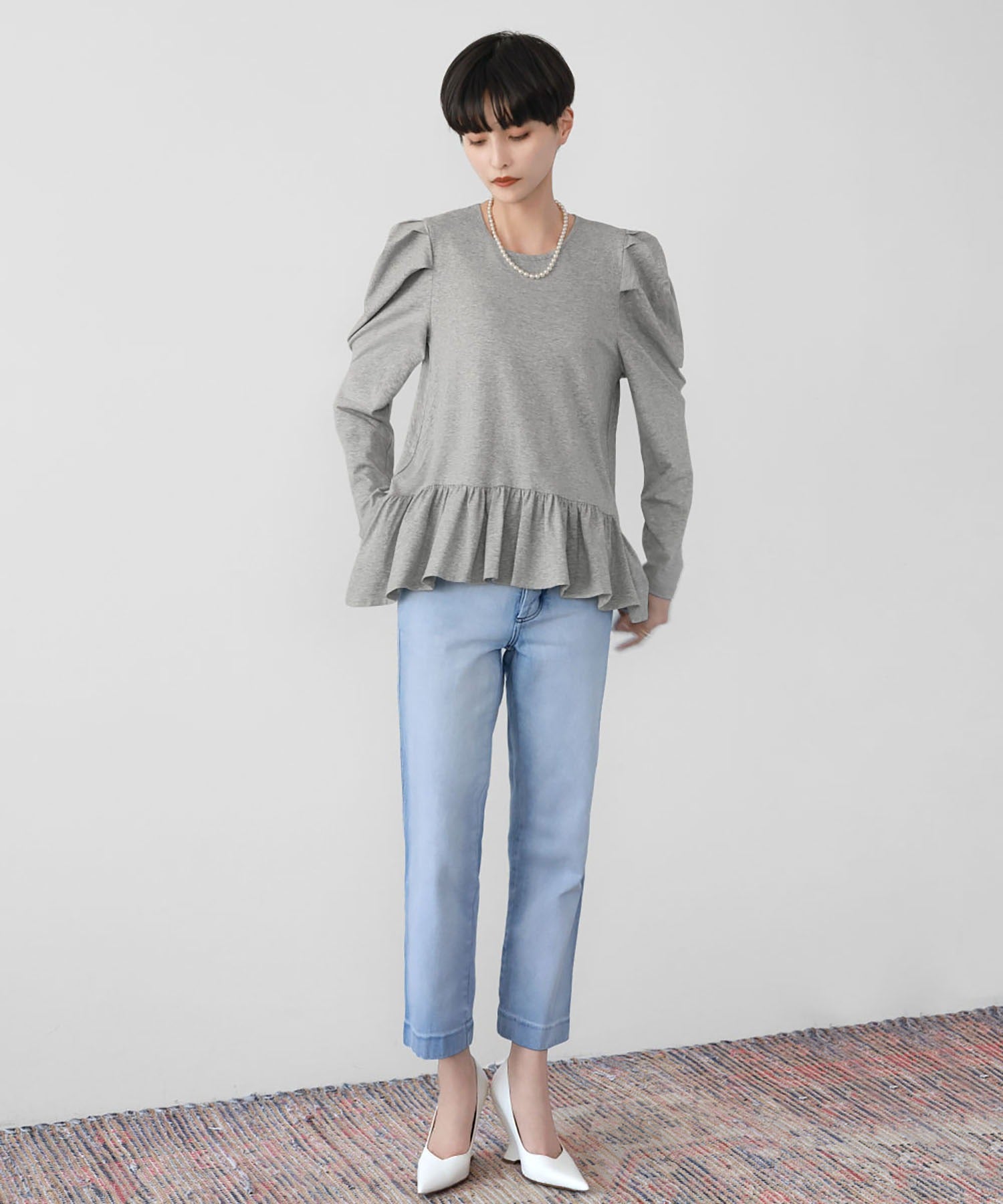 エルフランク ELFRANK 裾フレア切り替えパワーショルダーカットソー【洗える】