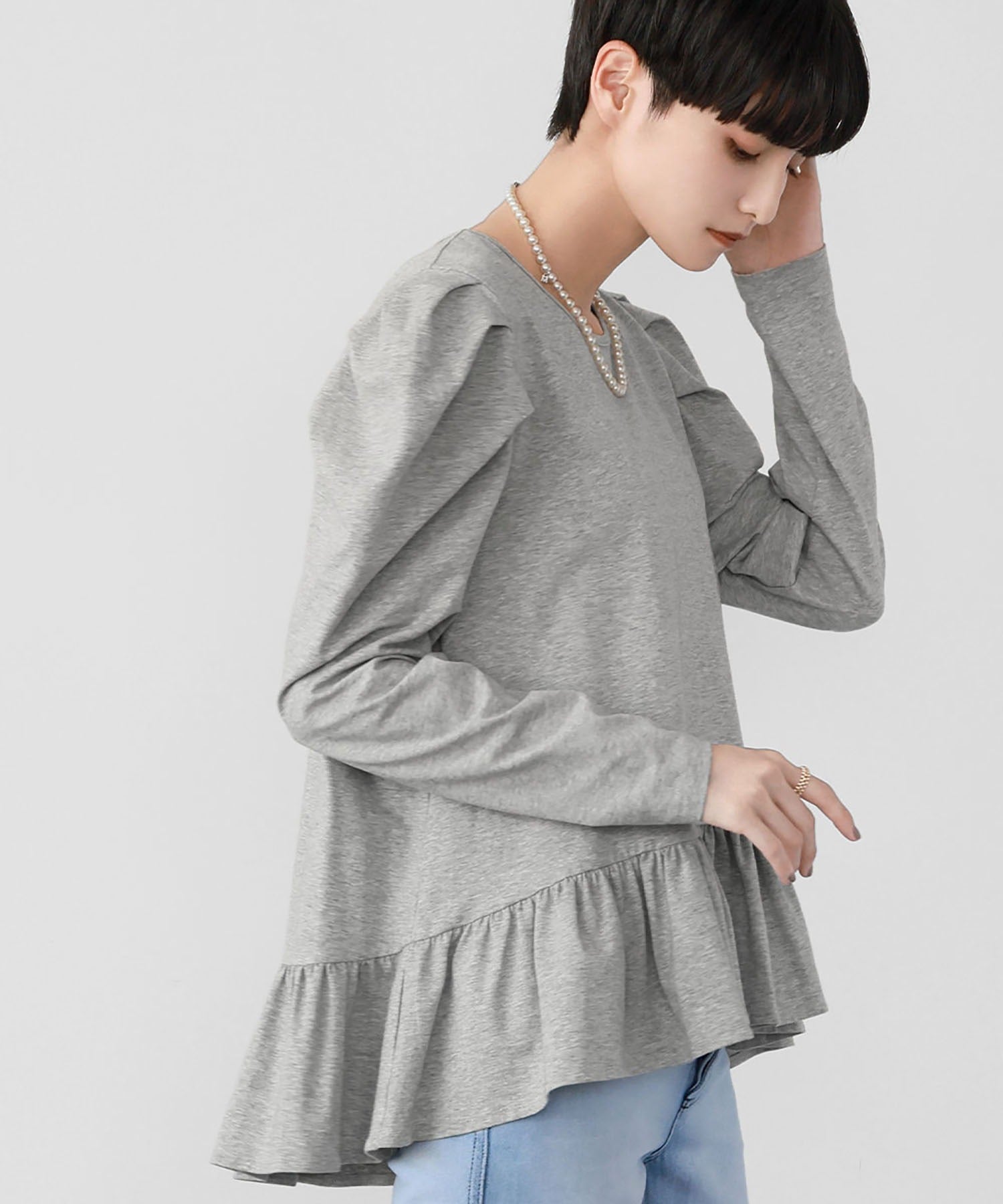 エルフランク ELFRANK 裾フレア切り替えパワーショルダーカットソー【洗える】