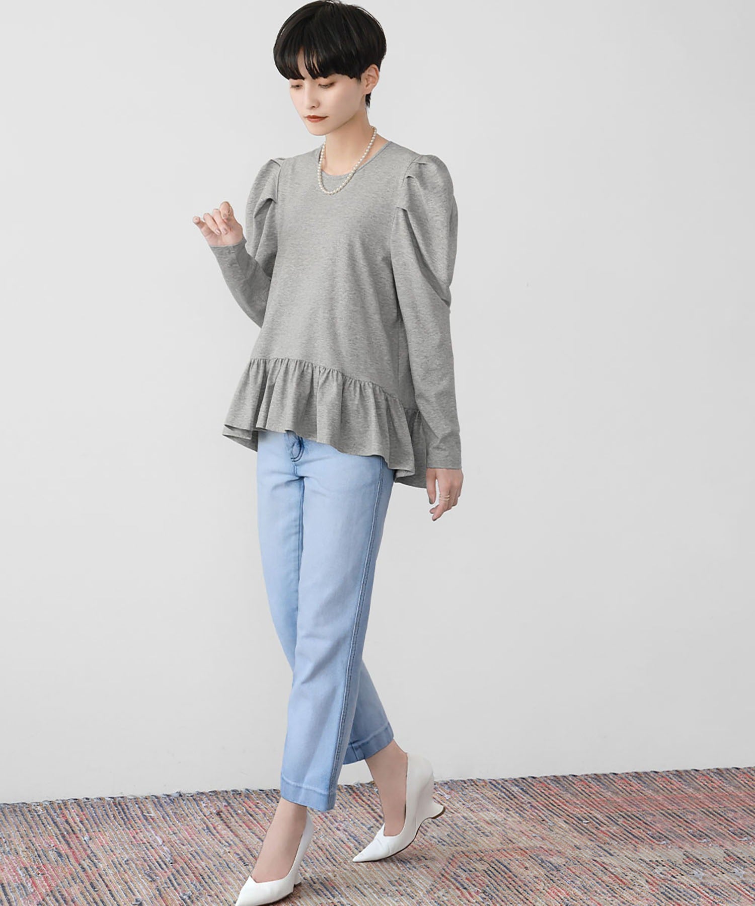 エルフランク ELFRANK 裾フレア切り替えパワーショルダーカットソー【洗える】