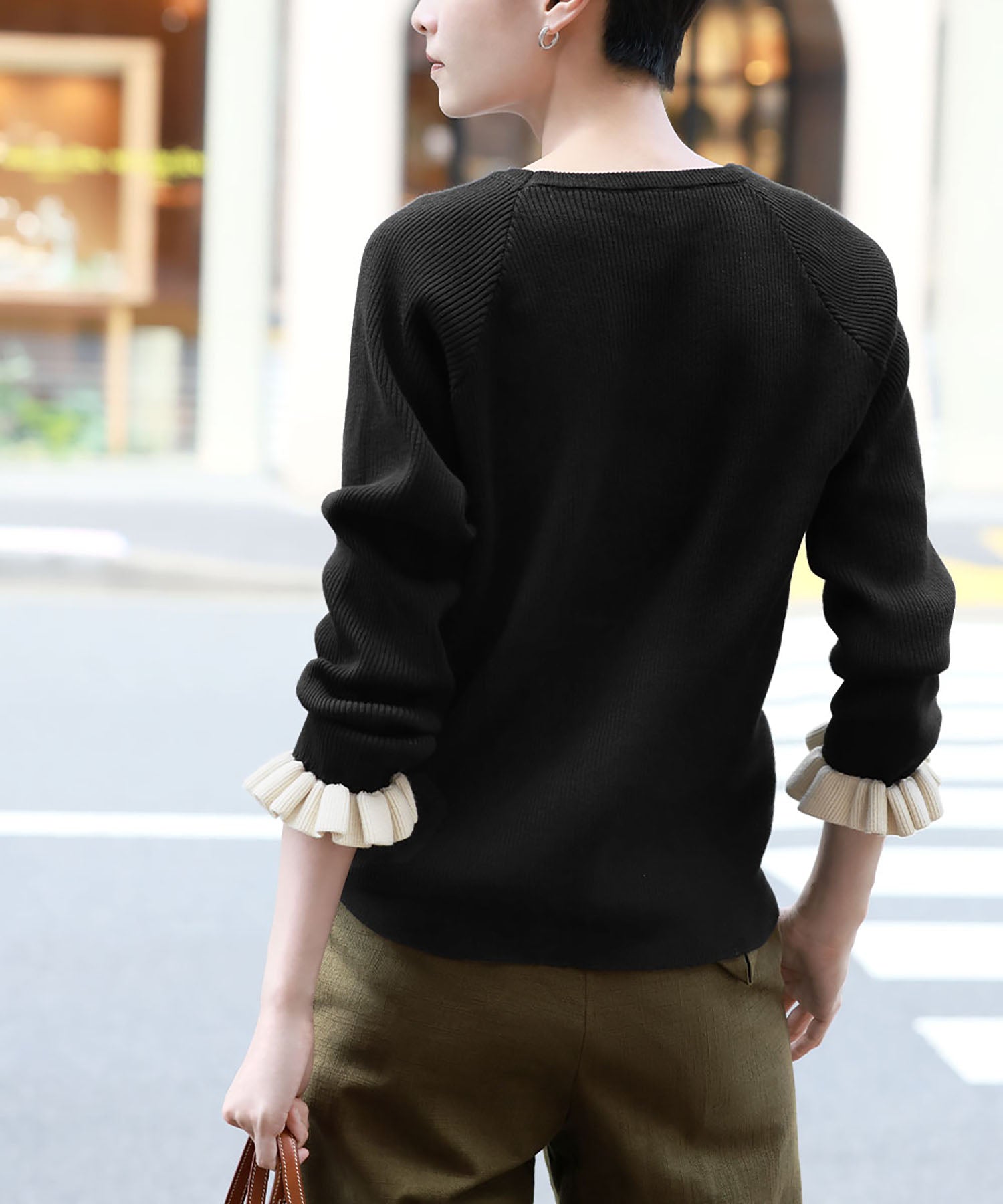 エルフランク ELFRANK バイカラー袖口フリルリブニットプルオーバー