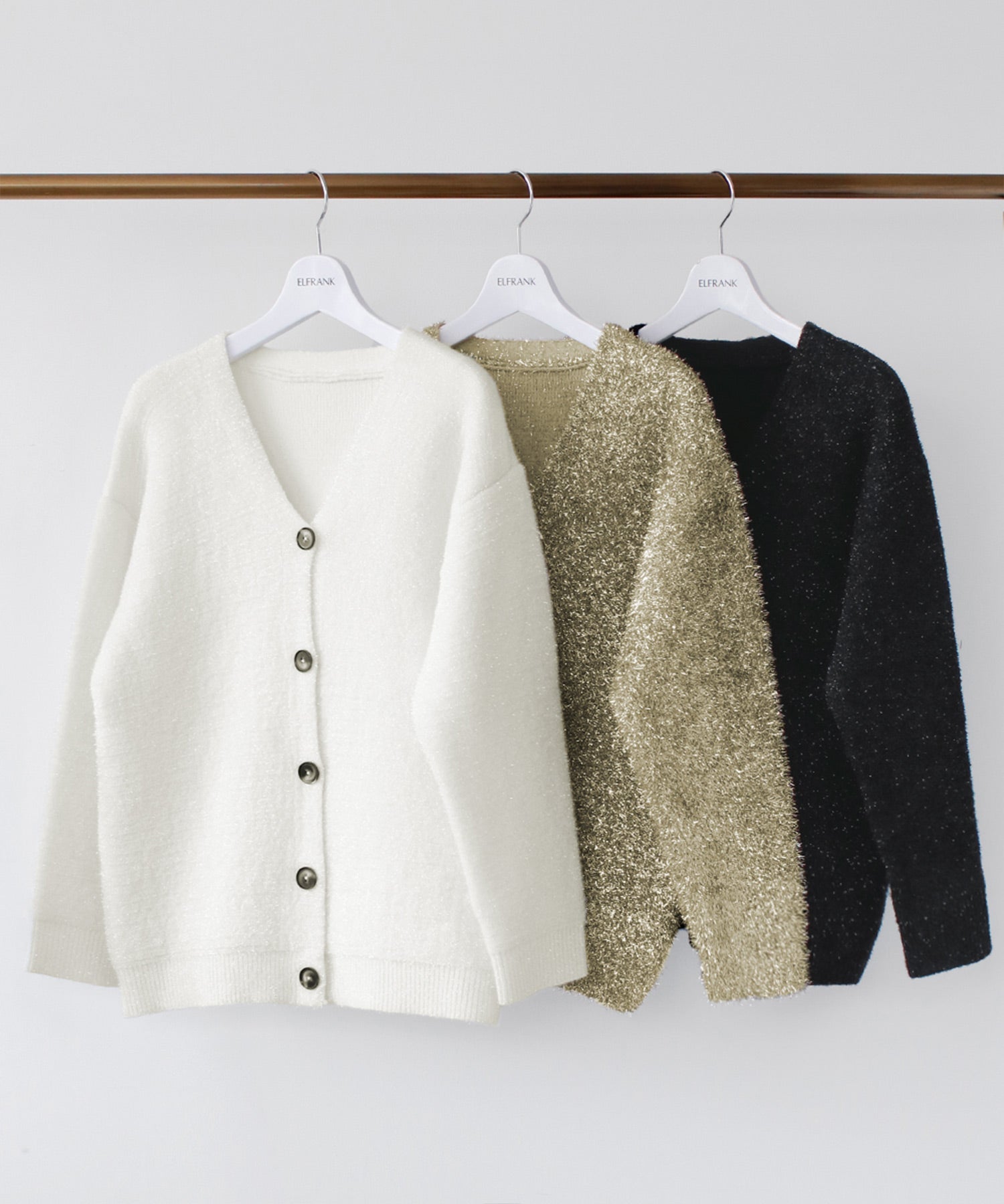 エルフランク ELFRANK ラメニットジャガード編みVネックカーディガン （ゴールド） ゴールド