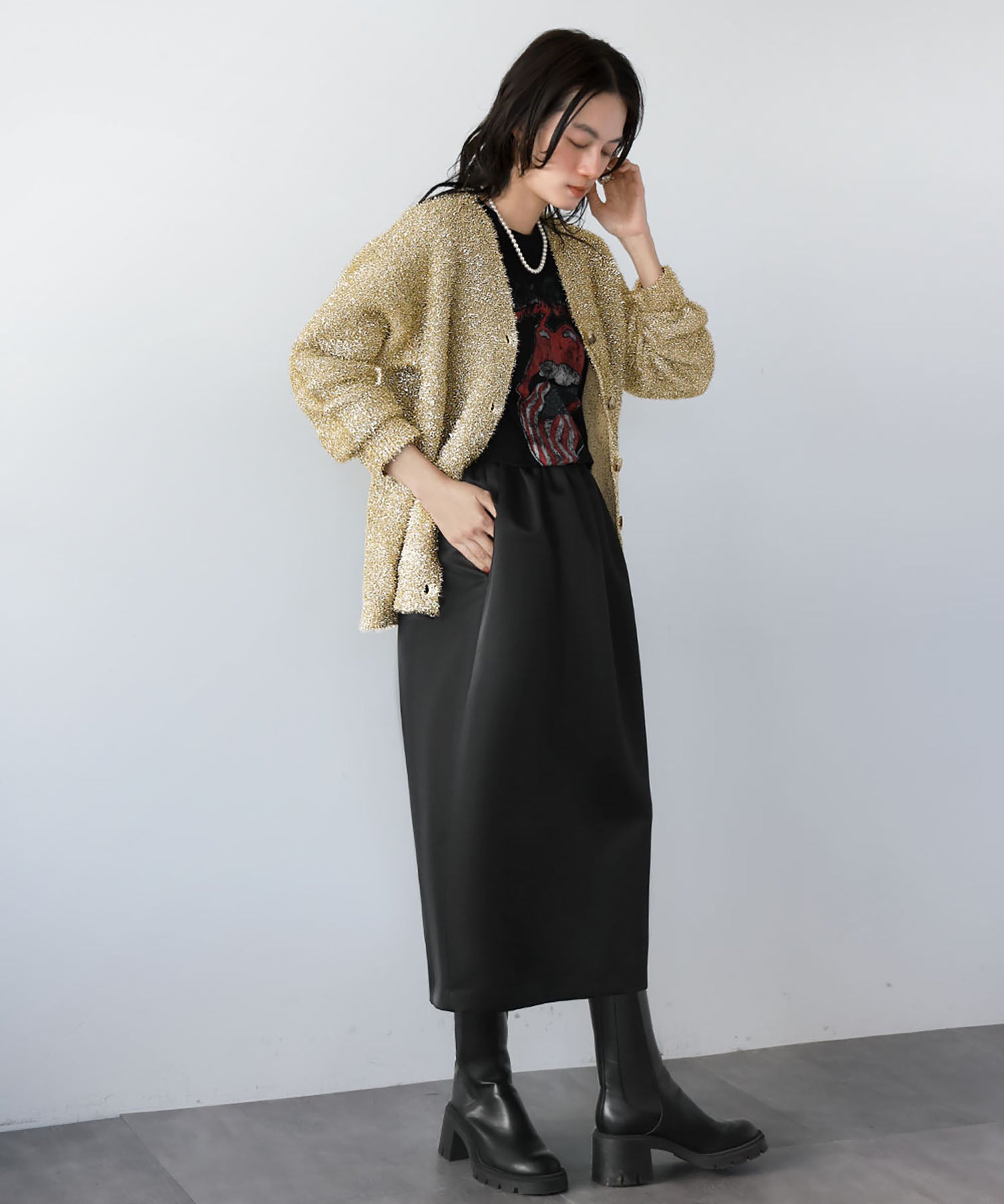 エルフランク ELFRANK ラメニットジャガード編みVネックカーディガン （ゴールド） ゴールド