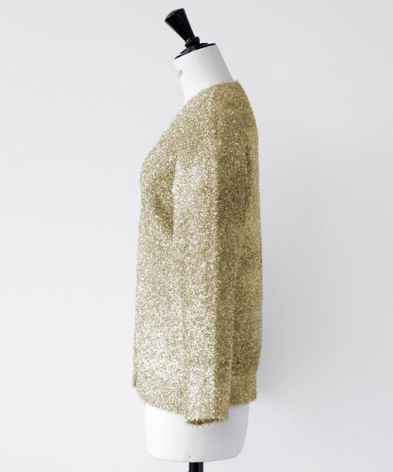 エルフランク ELFRANK ラメニットジャガード編みVネックカーディガン （ゴールド） ゴールド