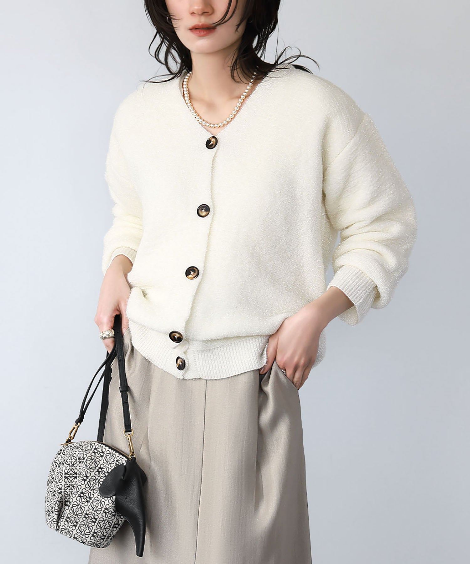 エルフランク ELFRANK ラメニットジャガード編みVネックカーディガン