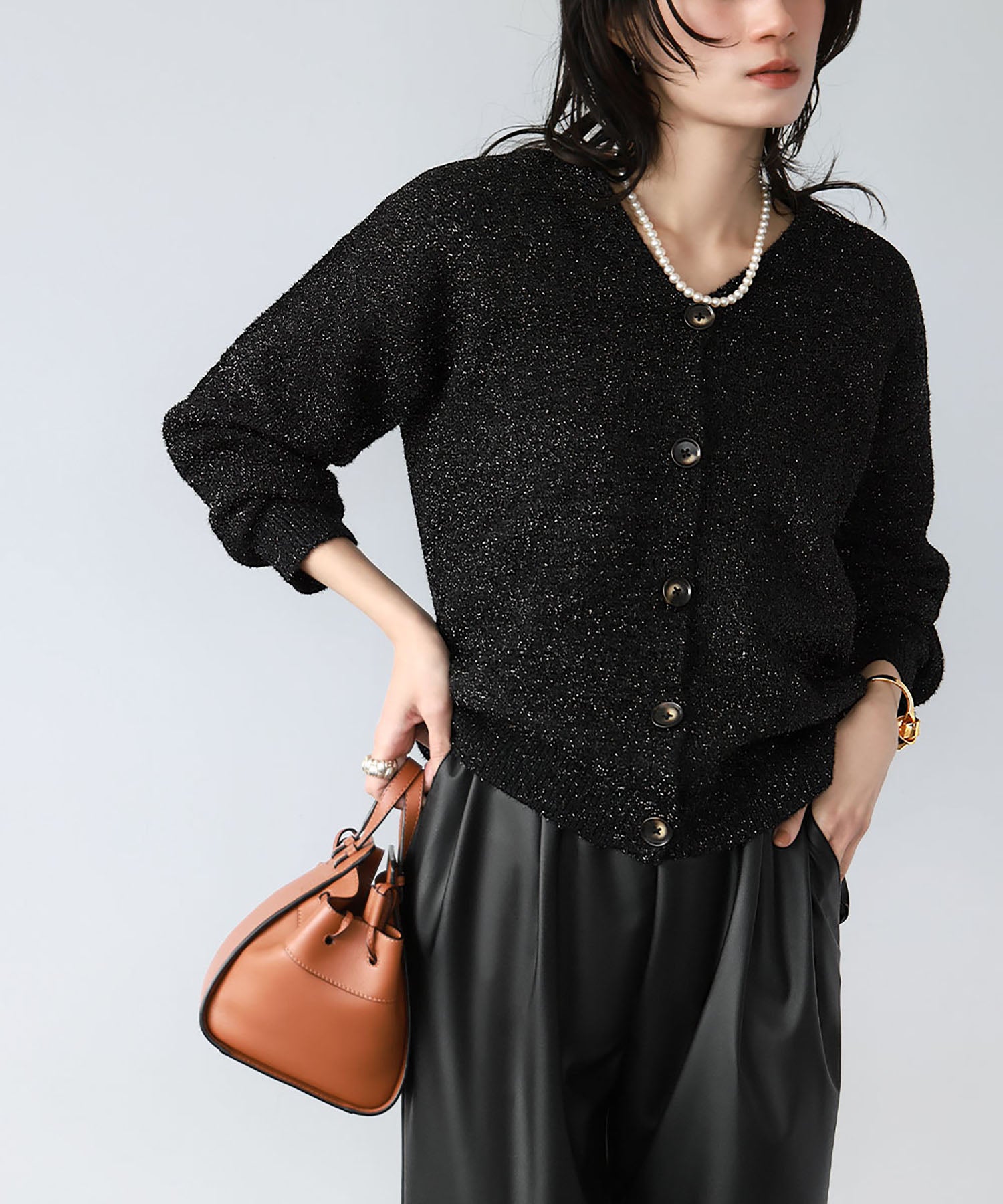 エルフランク ELFRANK ラメニットジャガード編みVネックカーディガン （ブラック） ブラック