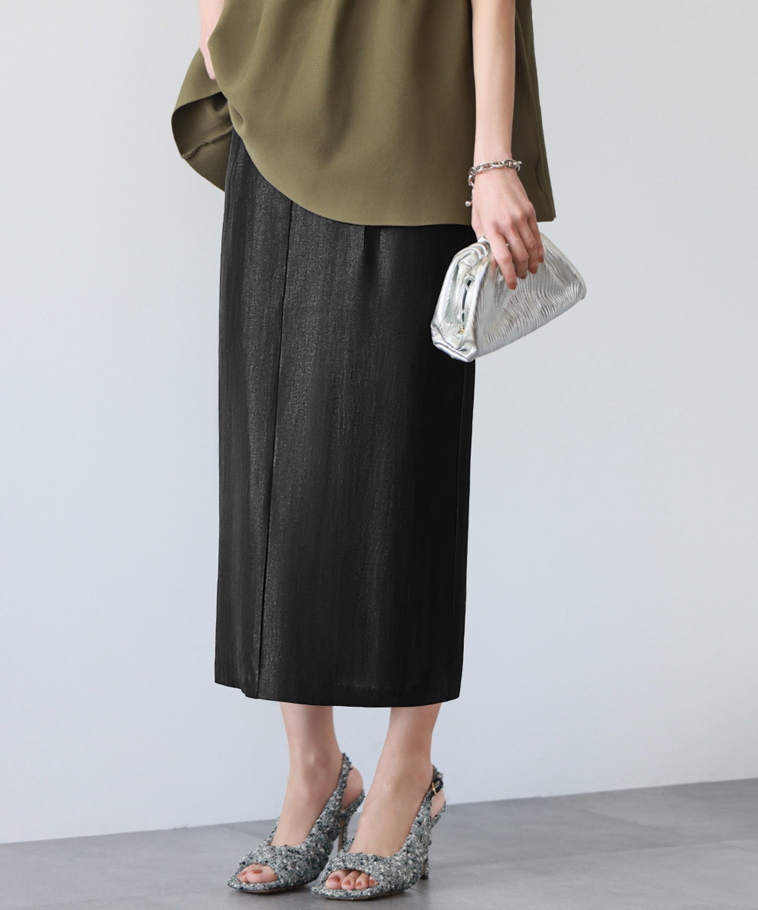 エルフランク ELFRANK シャイニーIラインロングスカート,ブラック