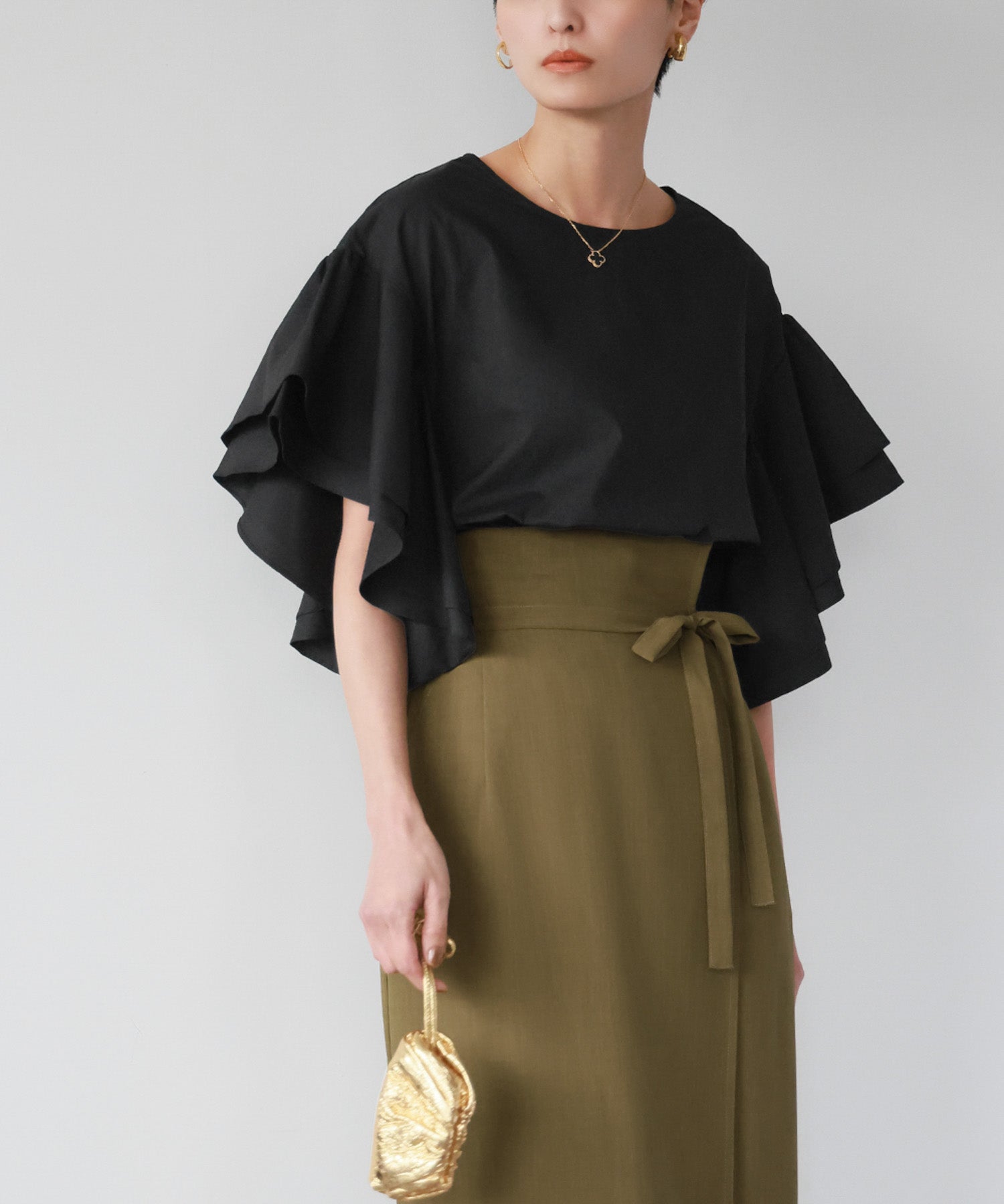 ELFRANK Flare Sleeve Drop Shoulder Blouse 【100% Cotton】【Washable】