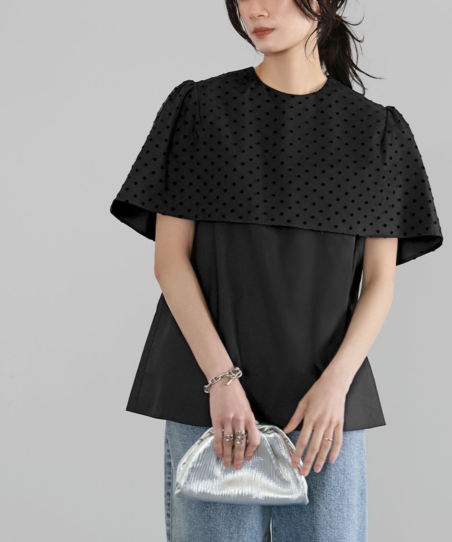 ELFRANK Dot Tulle Cape Blouse