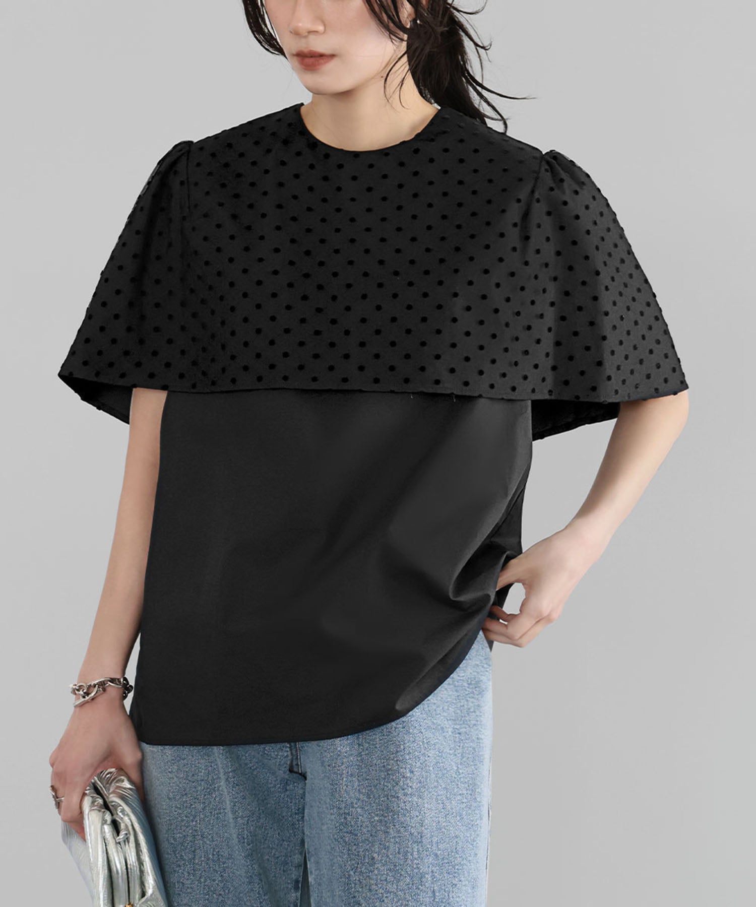 ELFRANK Dot Tulle Cape Blouse