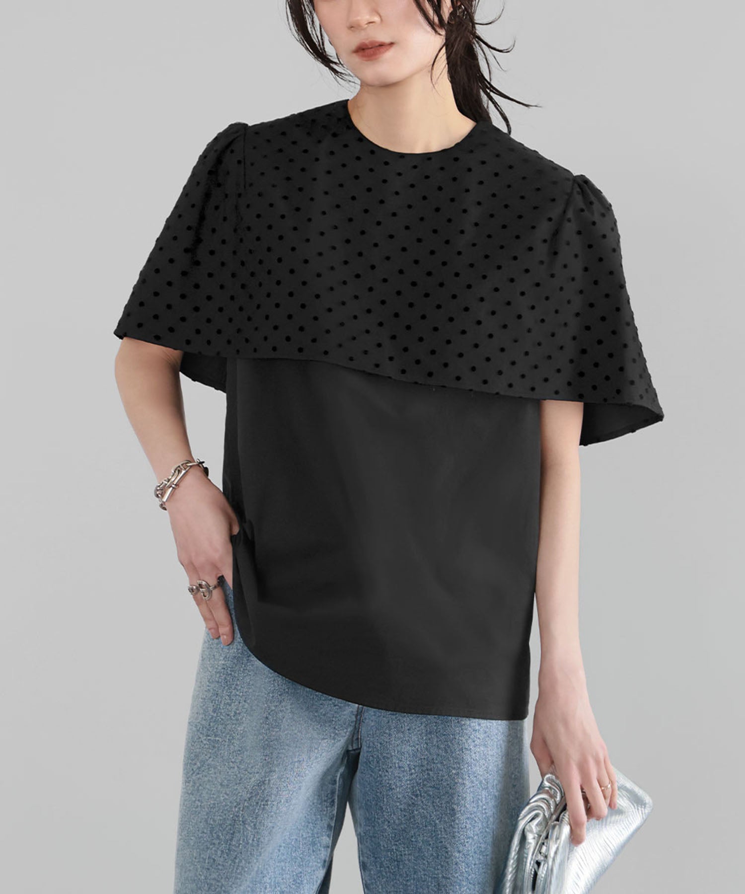 ELFRANK Dot Tulle Cape Blouse
