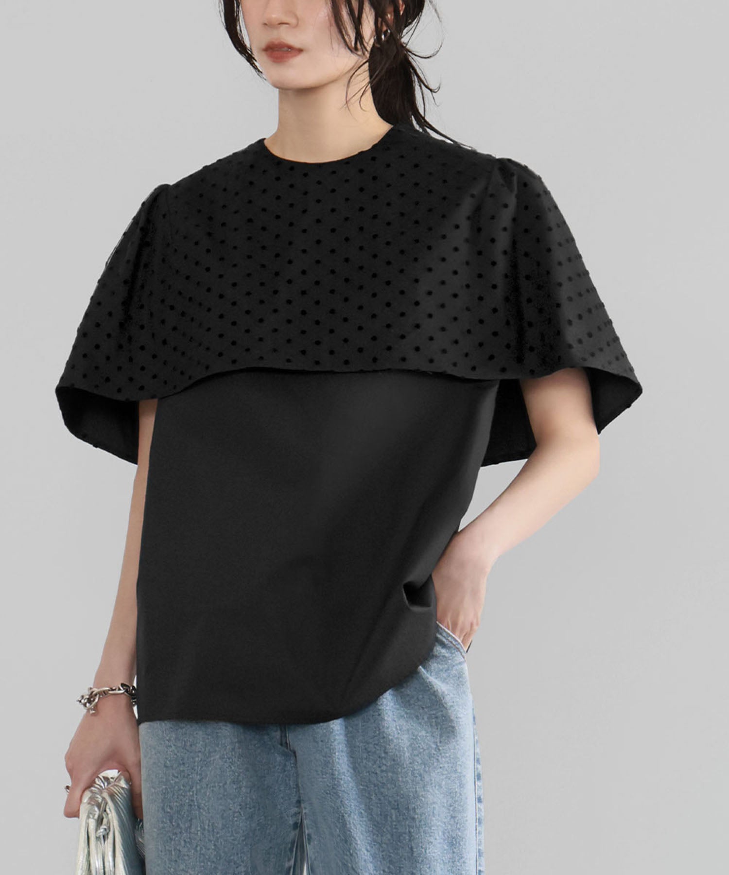 ELFRANK Dot Tulle Cape Blouse