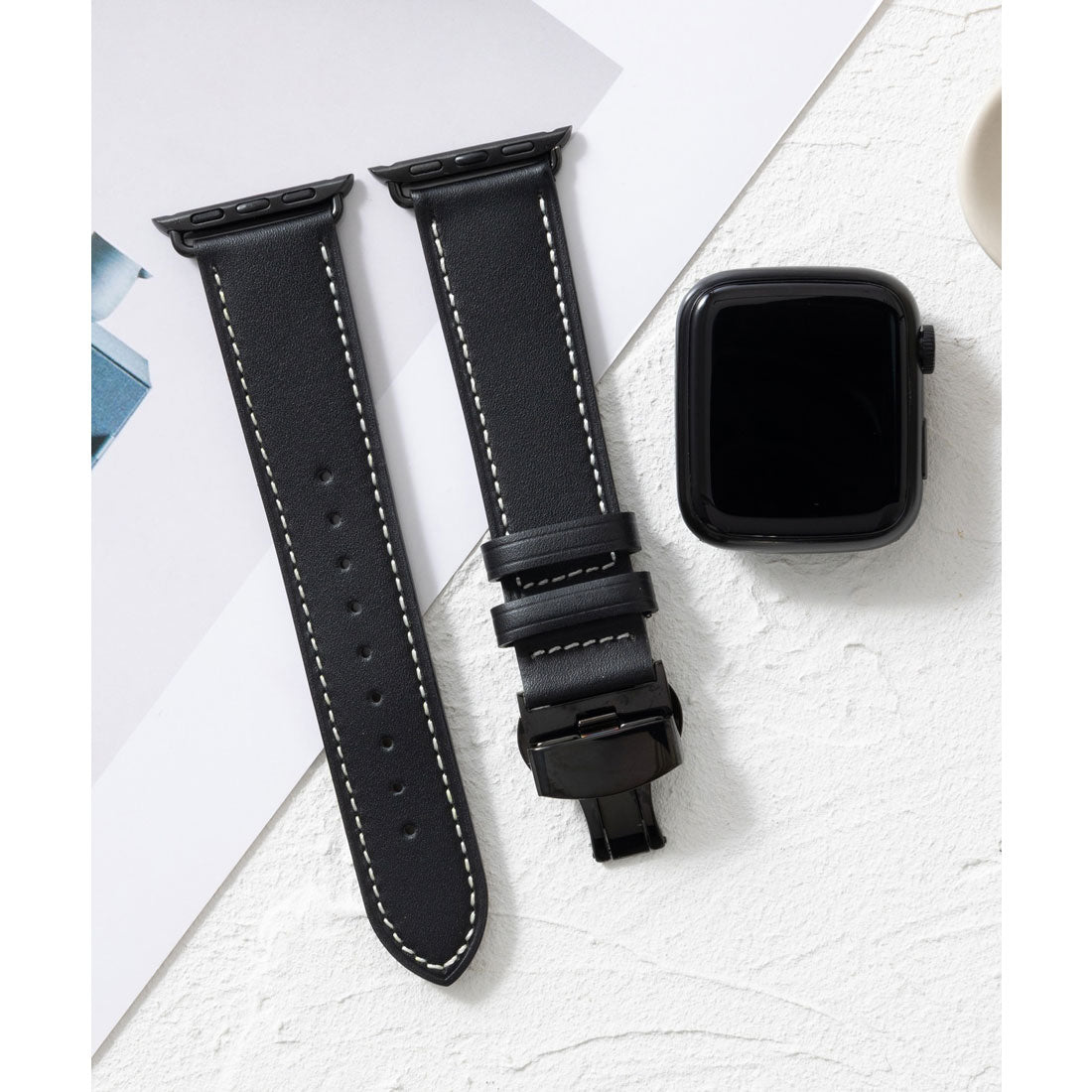 エモニーク emonique 本革イタリアレザー Apple Watch Band スマートウォッチバンド【38/40/41/42/44/45/49mm対応】 （ブラック） ブラック