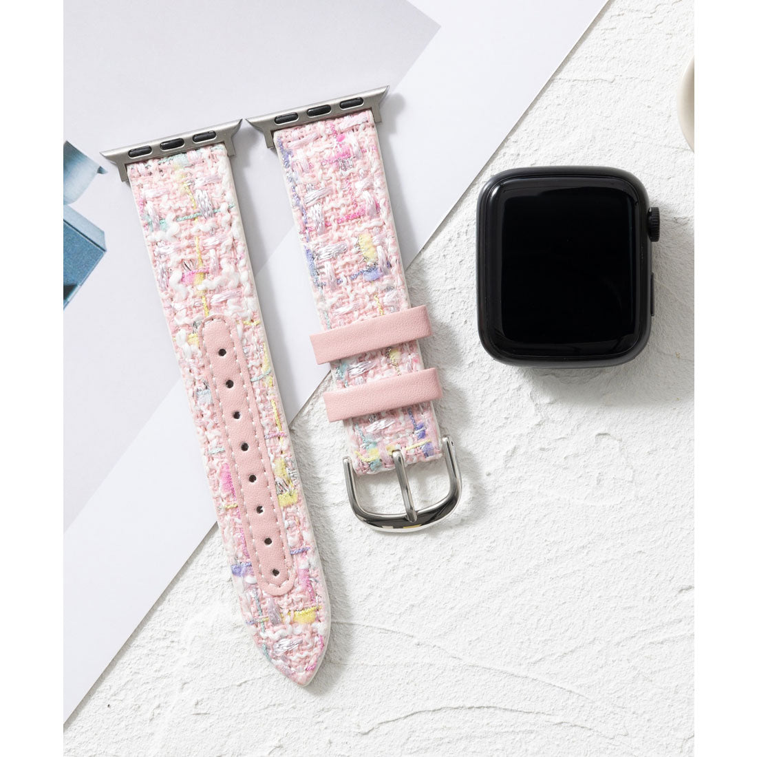 エモニーク emonique 本革レザーマルチカラーツイード柄 Apple Watch Band スマートウォッチバンド【38/40/41/42/44/45/49mm対応】 （ピンク） ピンク