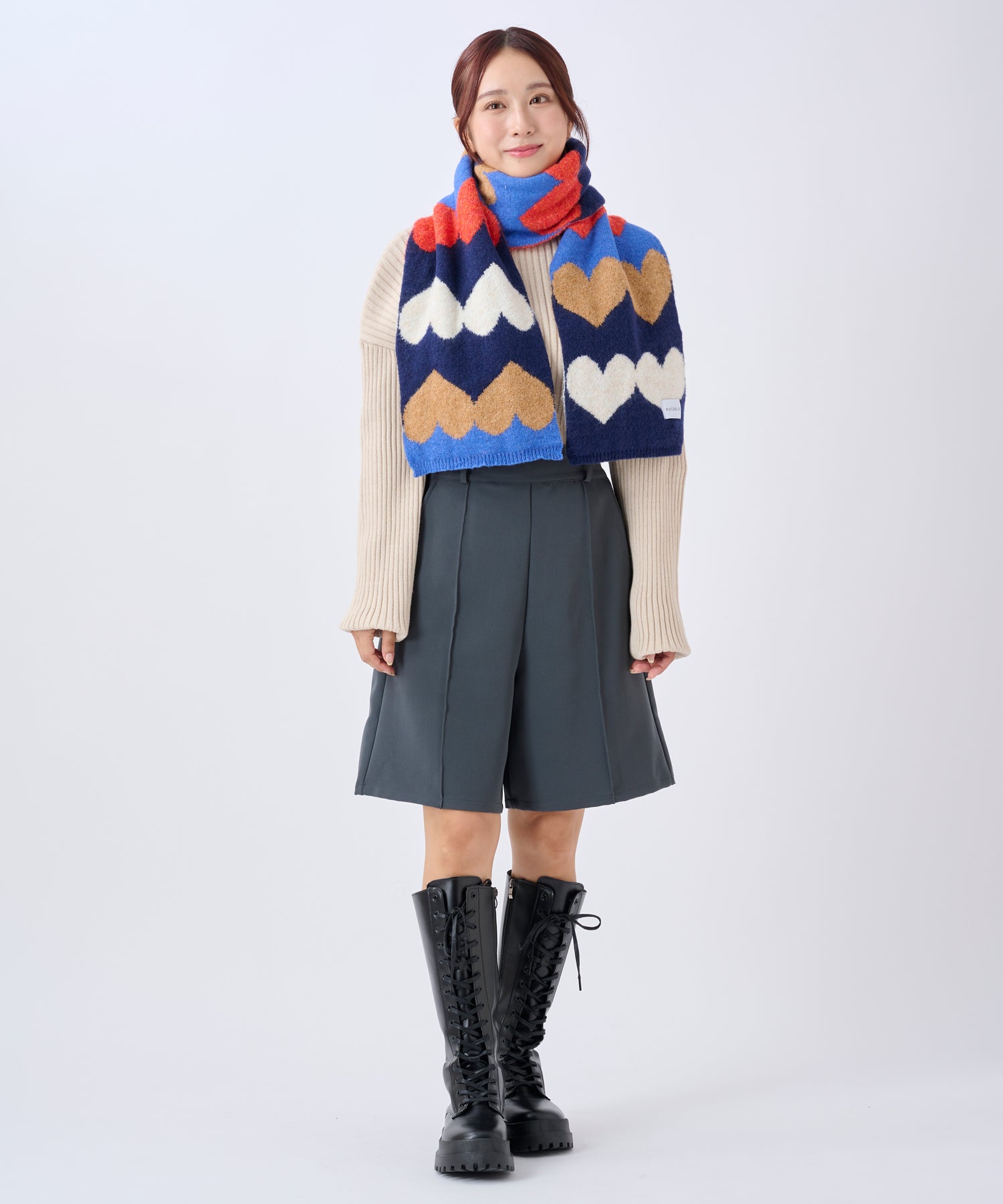 エスタ estaa 【洗える】ニットマフラー 24×160cm ハートジャカード （ディープブルー） ディープブルー