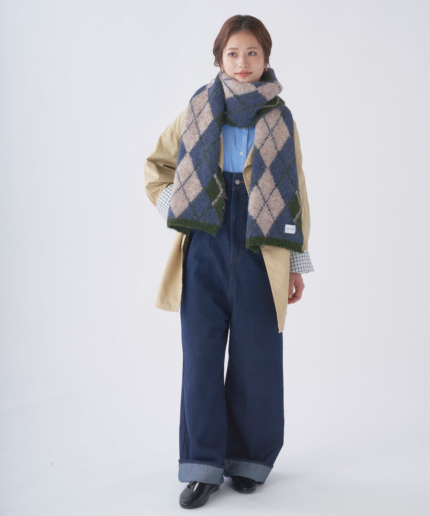 エスタ estaa 【洗える】ニットマフラー 30×184cm アーガイルジャカード （ディープブルー） ディープブルー