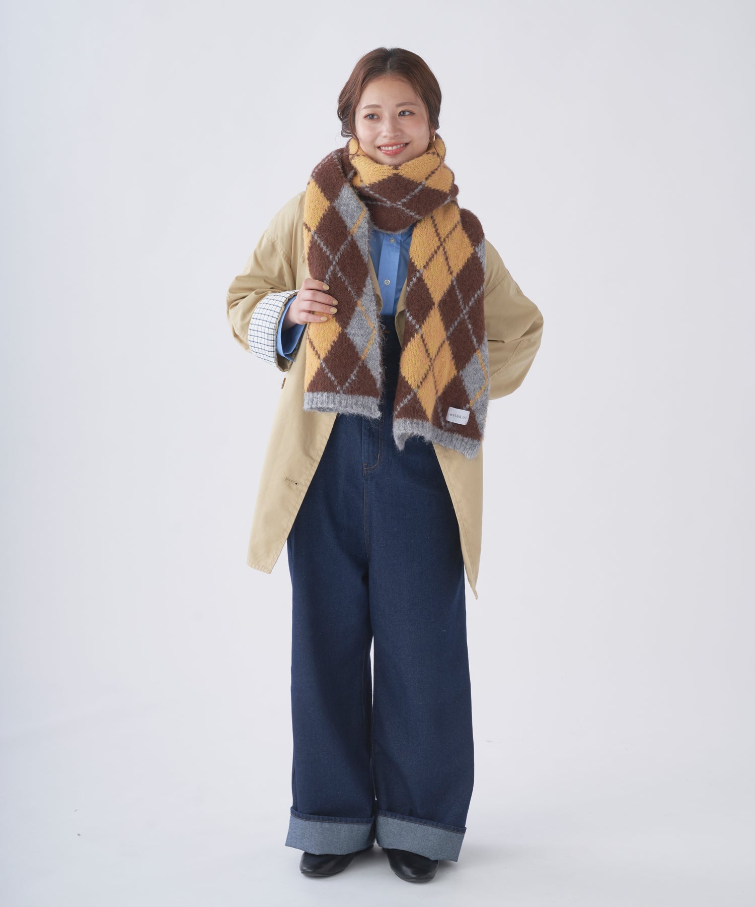 エスタ estaa 【洗える】ニットマフラー 30×184cm アーガイルジャカード （ダークブラウン） ダークブラウン