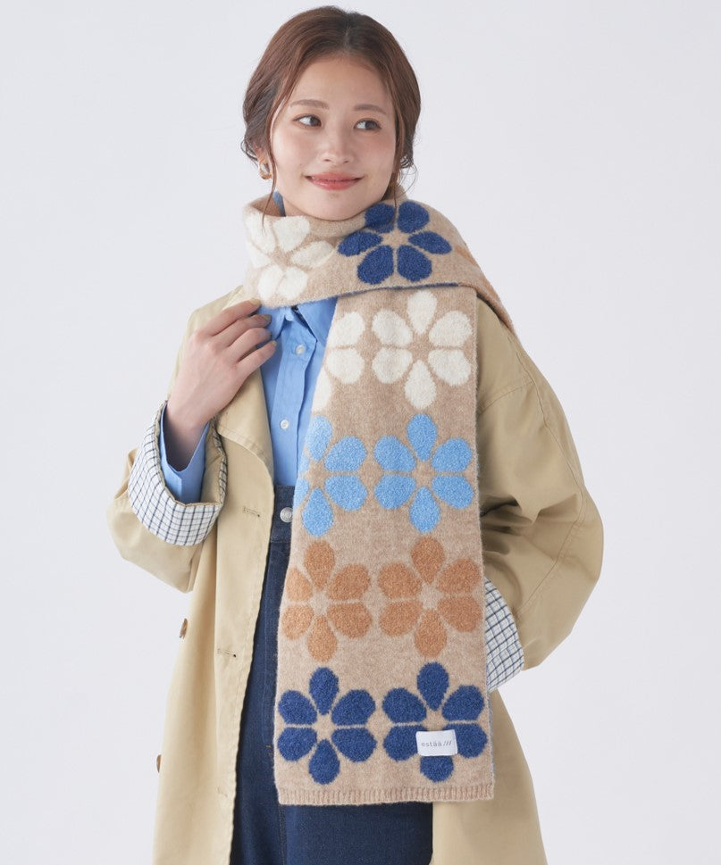 エスタ estaa 【洗える】ニットマフラー 24×160cm フラワージャカード （ベージュ） ベージュ